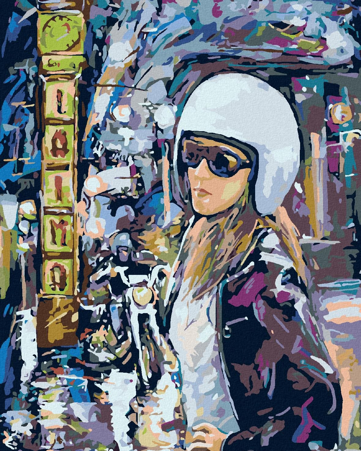 Maľovanie podľa čísel – Motorkárka v meste, 80 × 100 cm, bez rámu a bez napnutia plátna