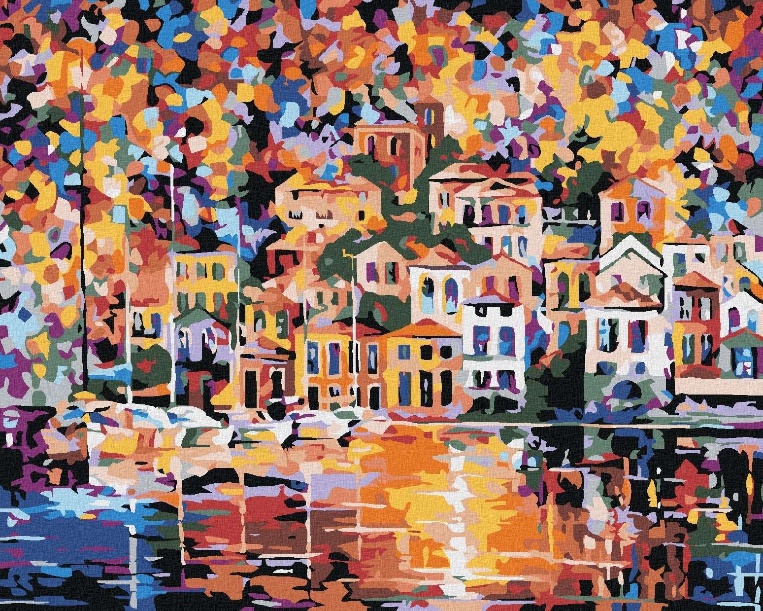 Maľovanie podľa čísel – Mestečko vo farbách, 100 × 80 cm, napnuté plátno na rám