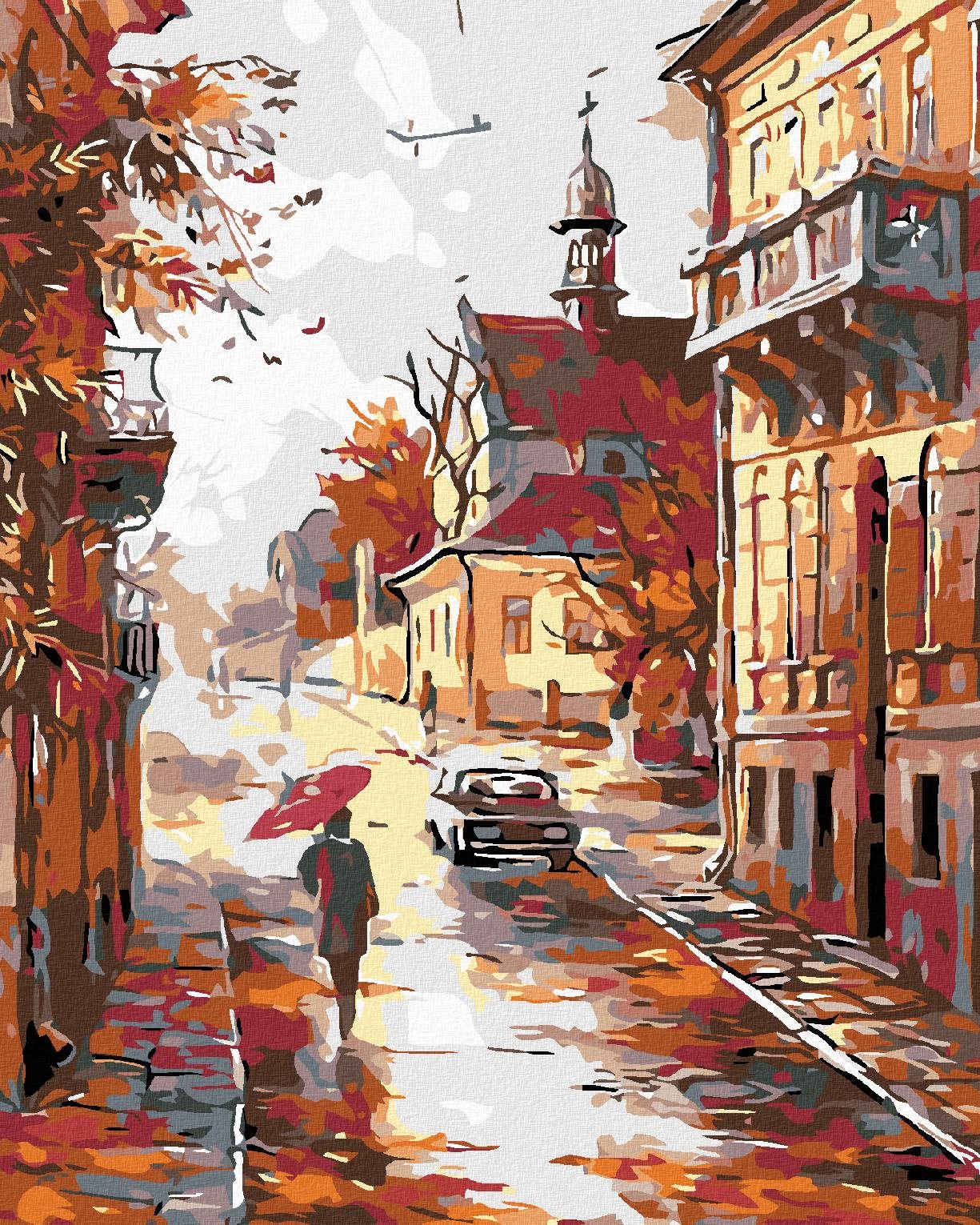 Maľovanie podľa čísel - Jesenná ulica na konci mesta, 40 x 50 cm, napnuté plátno na ráme