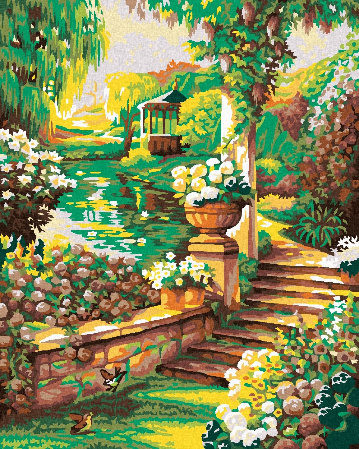 Maľovanie podľa čísel – Krásna kvetinová záhradka s altánkom, 80 × 100 cm, napnuté plátno na rám