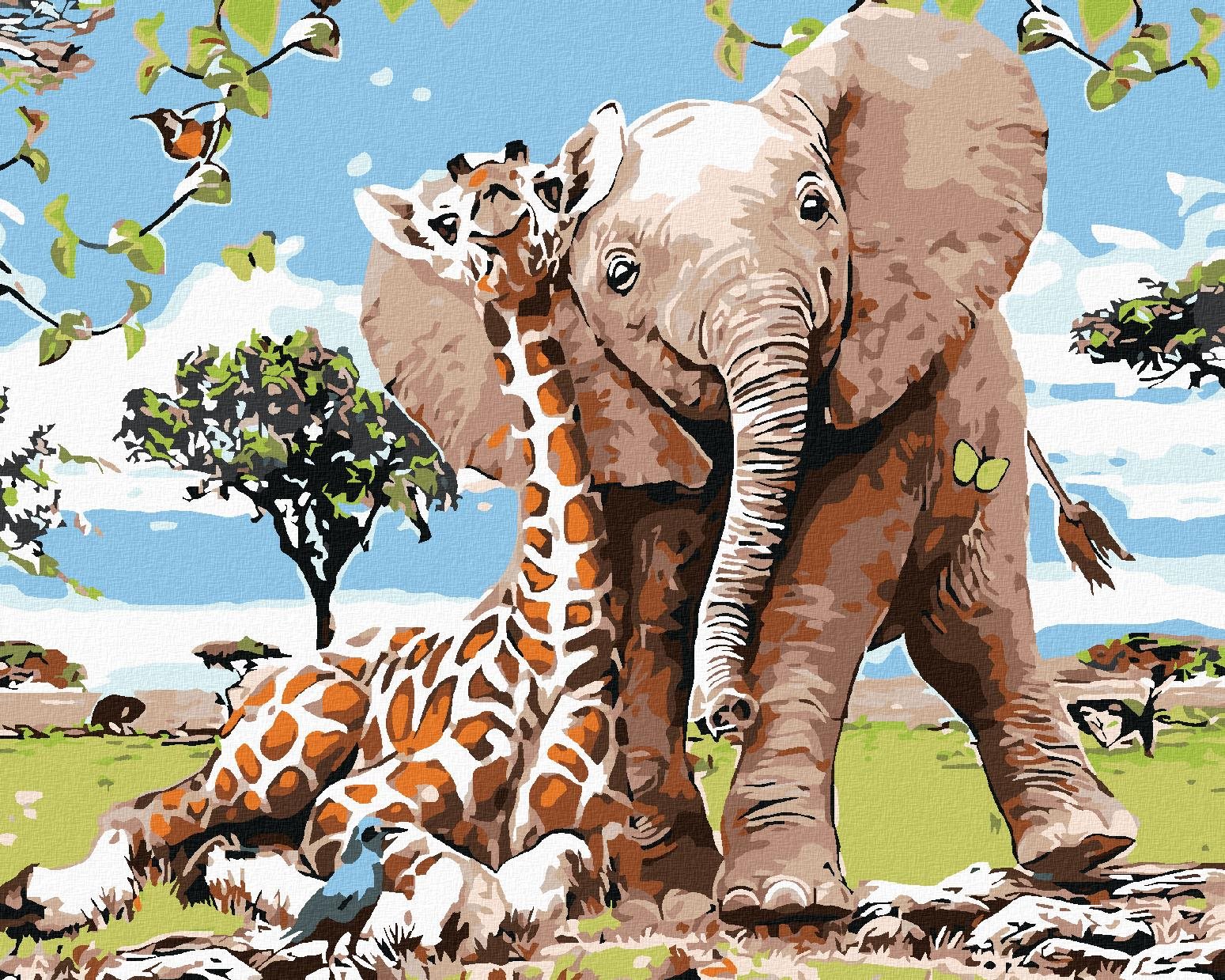Maľovanie podľa čísel – Žirafa a sloník, 50 × 40 cm, bez rámu a bez napnutého plátna