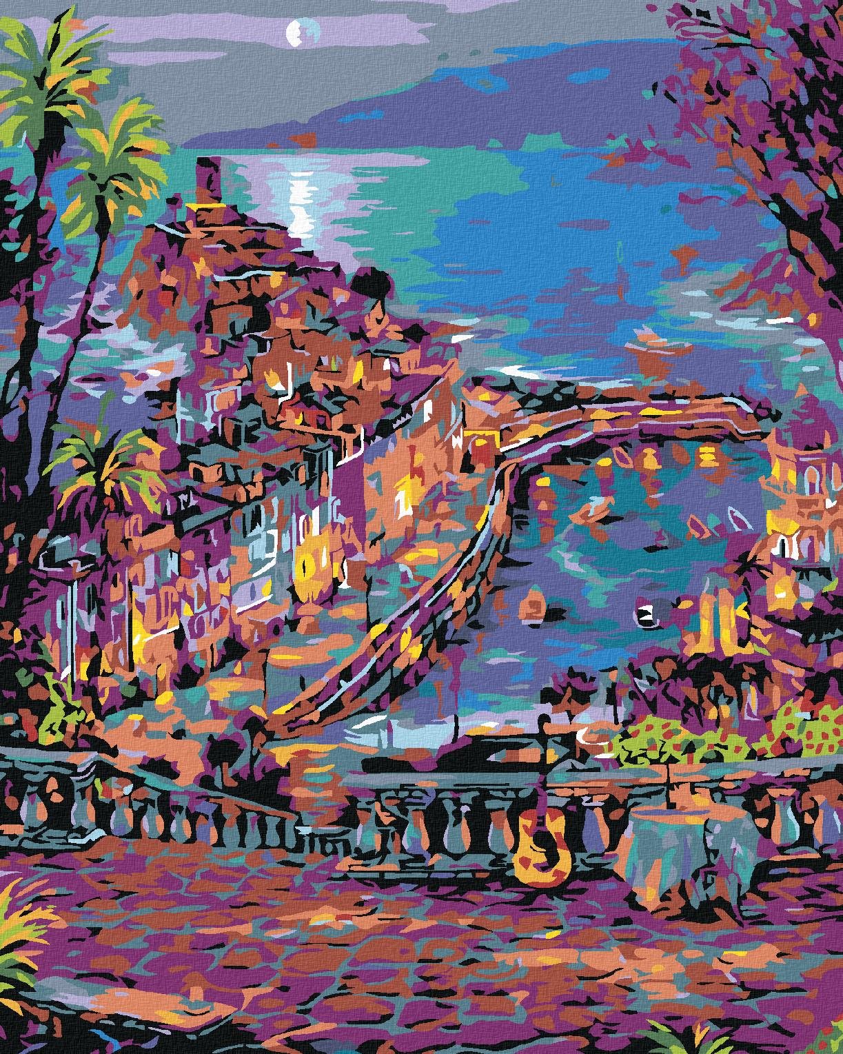 Maľovanie podľa čísel – Prímorské mestečko, 40 × 50 cm, bez rámu a bez napnutého plátna