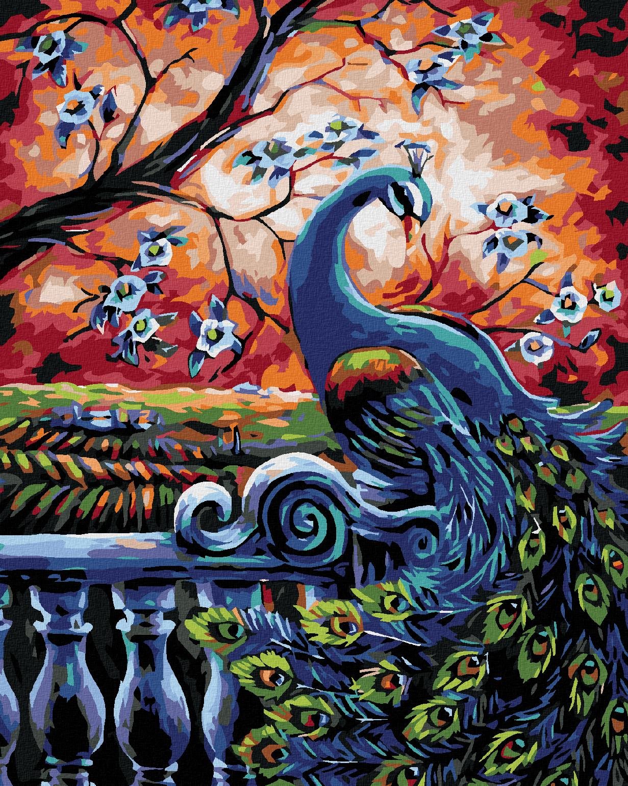 Maľovanie podľa čísel - Páv pod rozkvitnutým stromom, 40 x 50 cm, bez rámu a napnutého plátna