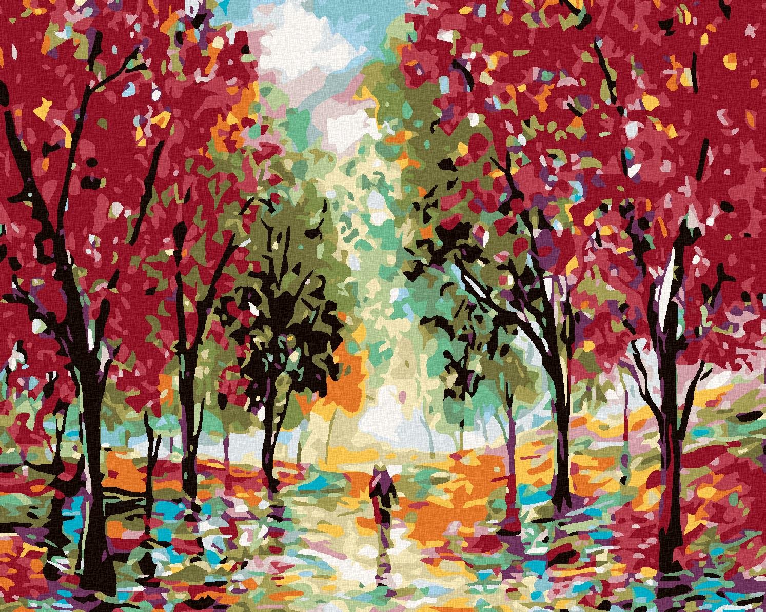 Maľovanie podľa čísel – Červený les, 100 × 80 cm, napnuté plátno na rám