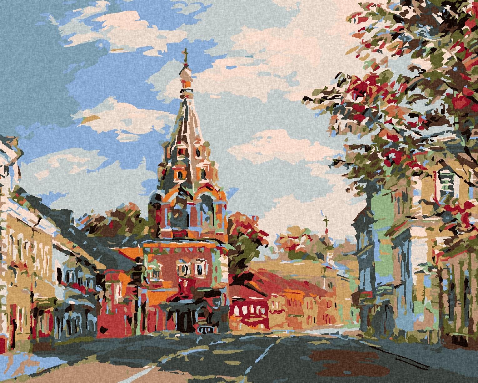 Maľovanie podľa čísel - Kostolík na predmestí, 50 x 40 cm, napnuté plátno na ráme