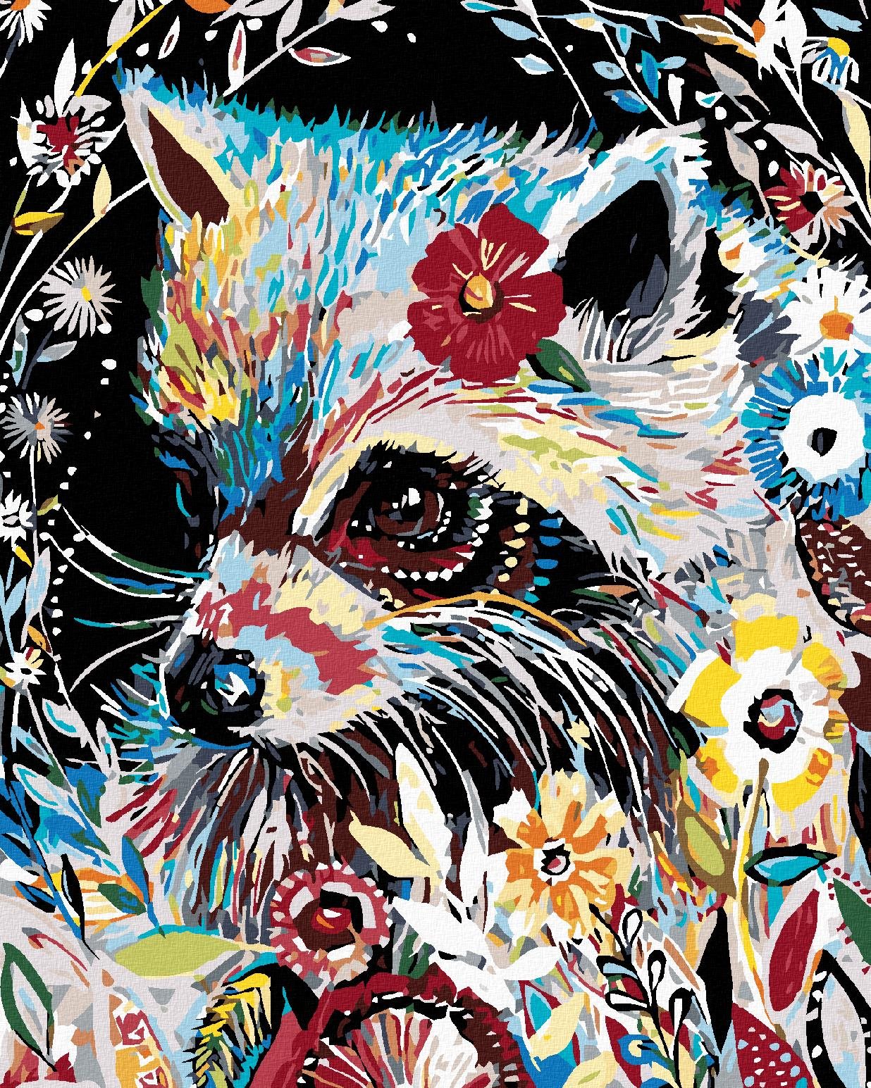 Maľovanie podľa čísel – Mýval s kvetmi, 80 × 100 cm, bez rámu a bez napnutia plátna