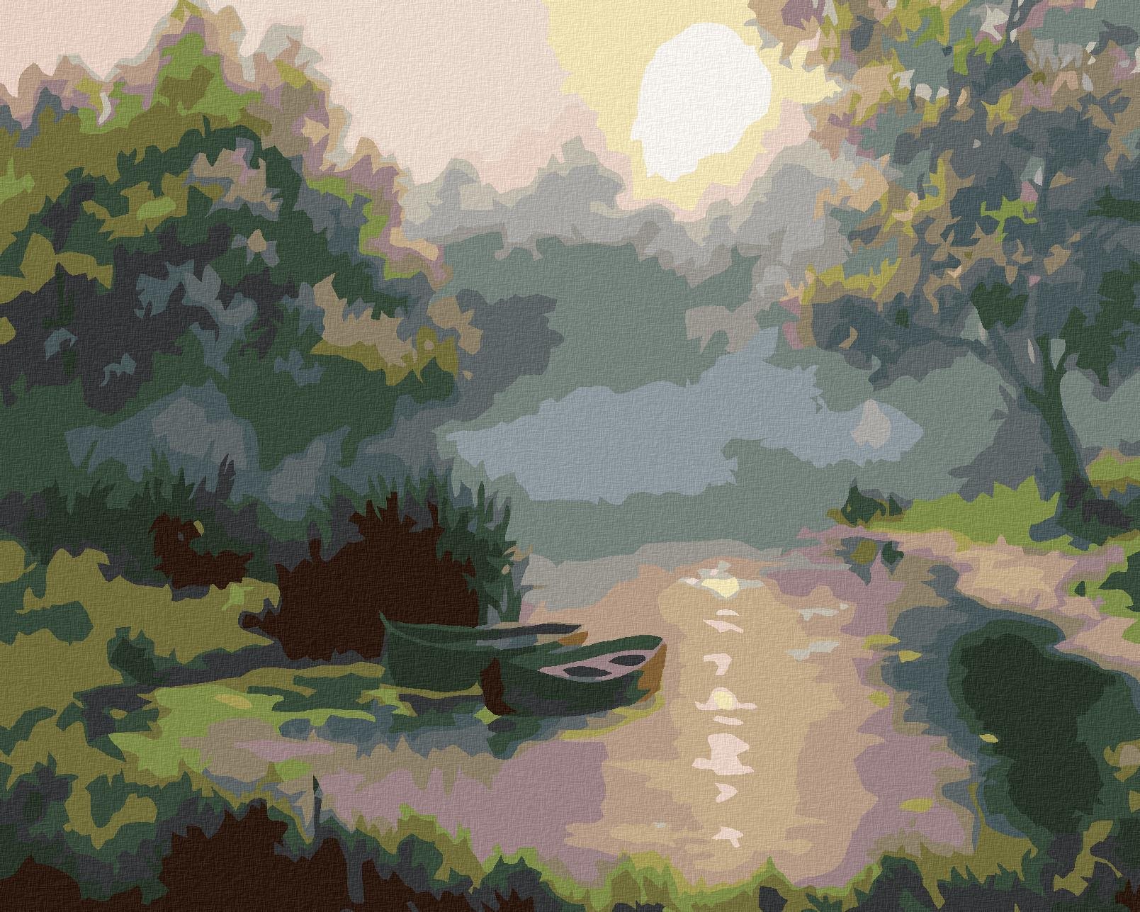 Maľovanie podľa čísel - Loďky za jesenného úsvitu, 50 x 40 cm, bez rámu a napnutého plátna