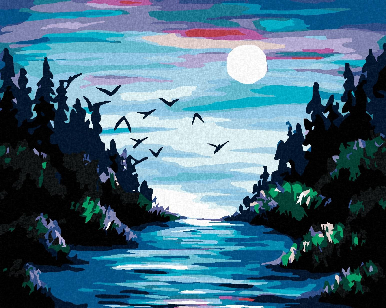 Maľovanie podľa čísel – Mesiac nad riekou, 100 × 80 cm, bez rámu a bez napnutia plátna