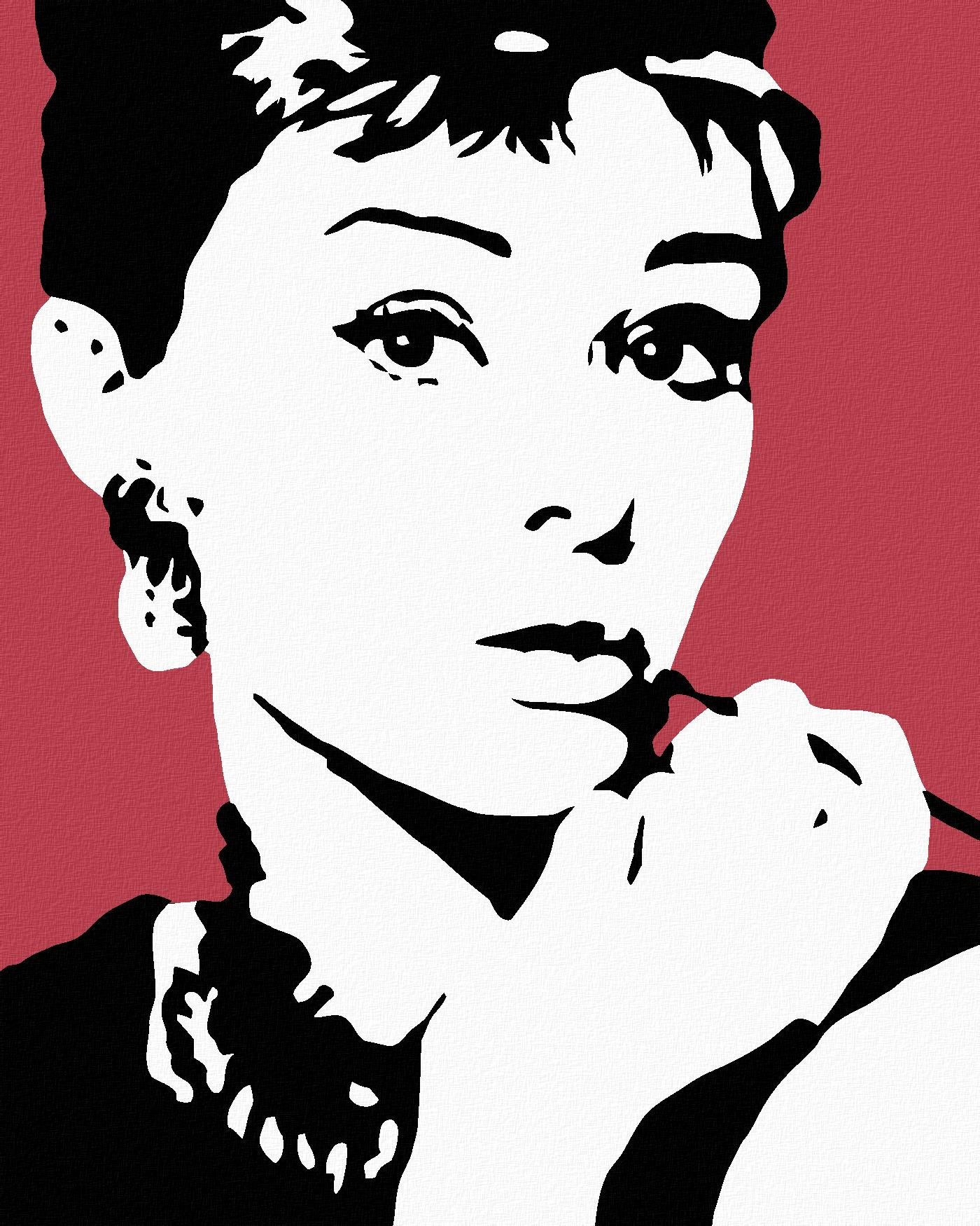 Maľovanie podľa čísel - Audrey Hepburn na červenom pozadí, 40 x 50 cm, bez rámu a napnutého plátna