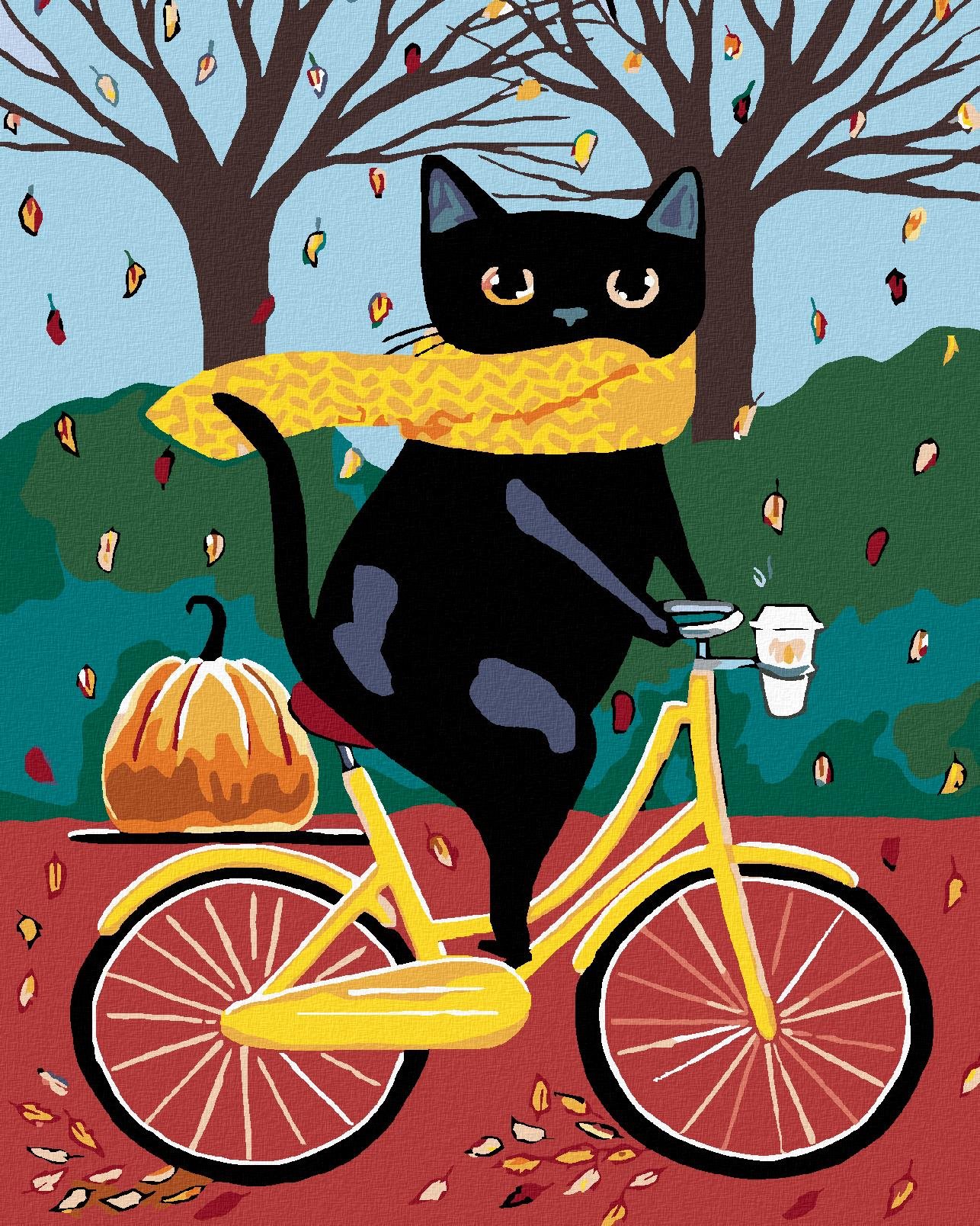 Maľovanie podľa čísel – Čierna mačka a žltý bicykel, 80 × 100 cm, bez rámu a bez napnutia plátna