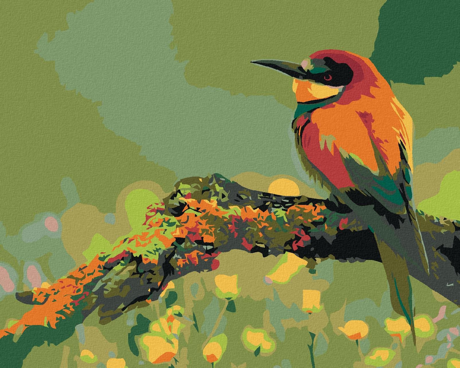 Maľovanie podľa čísel – Malý farebný vtáčik so špicatým zobákom, 100 × 80 cm, bez rámu a bez napnutého plátna
