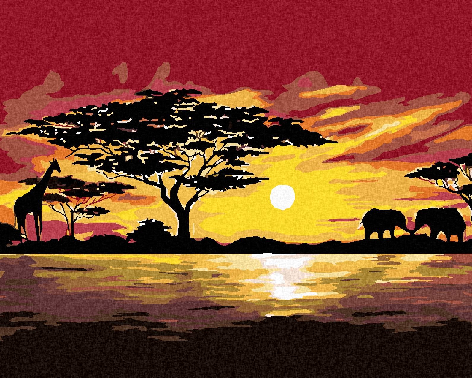 Maľovanie podľa čísel – Afrika žirafa a slony, 50 × 40 cm, napnuté plátno na rám
