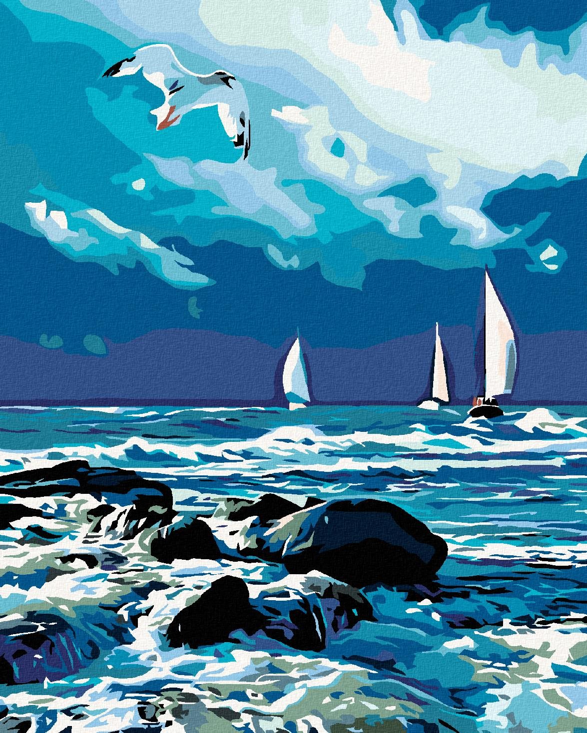 Maľovanie podľa čísel – Plachetnica na mori a letiaca čajka, 80 × 100 cm, napnuté plátno na rám