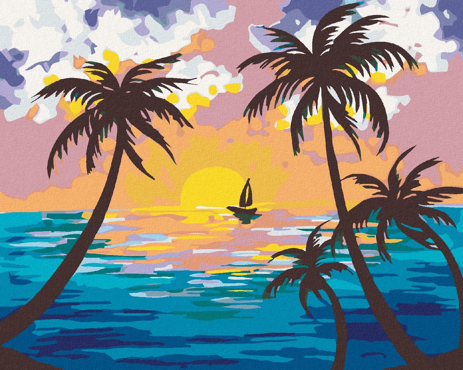 Maľovanie podľa čísel – Západ slnka za palmami, 50 × 40 cm, napnuté plátno na rám
