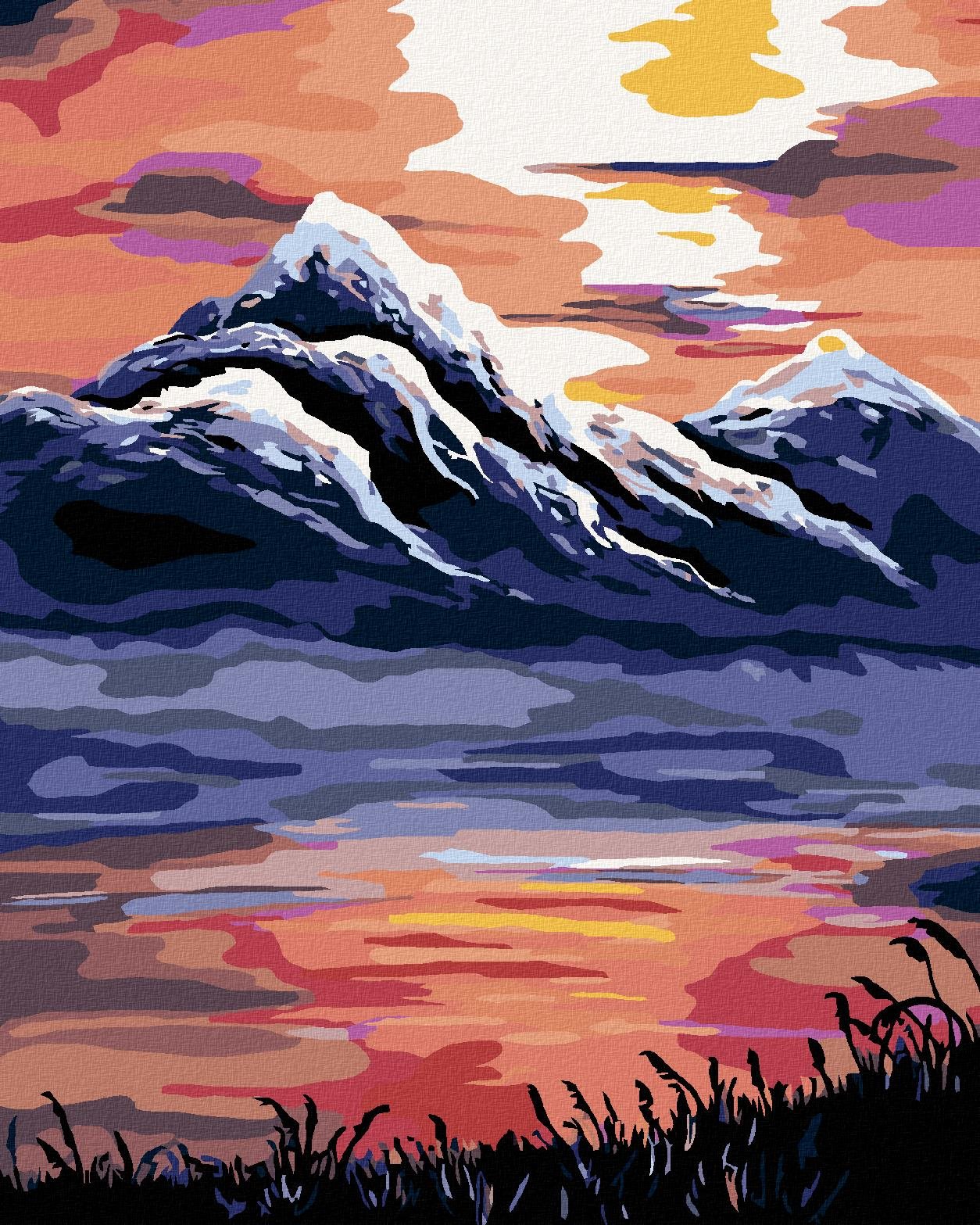 Maľovanie podľa čísel – Západ slnka nad horami, 40 × 50 cm, napnuté plátno na rám