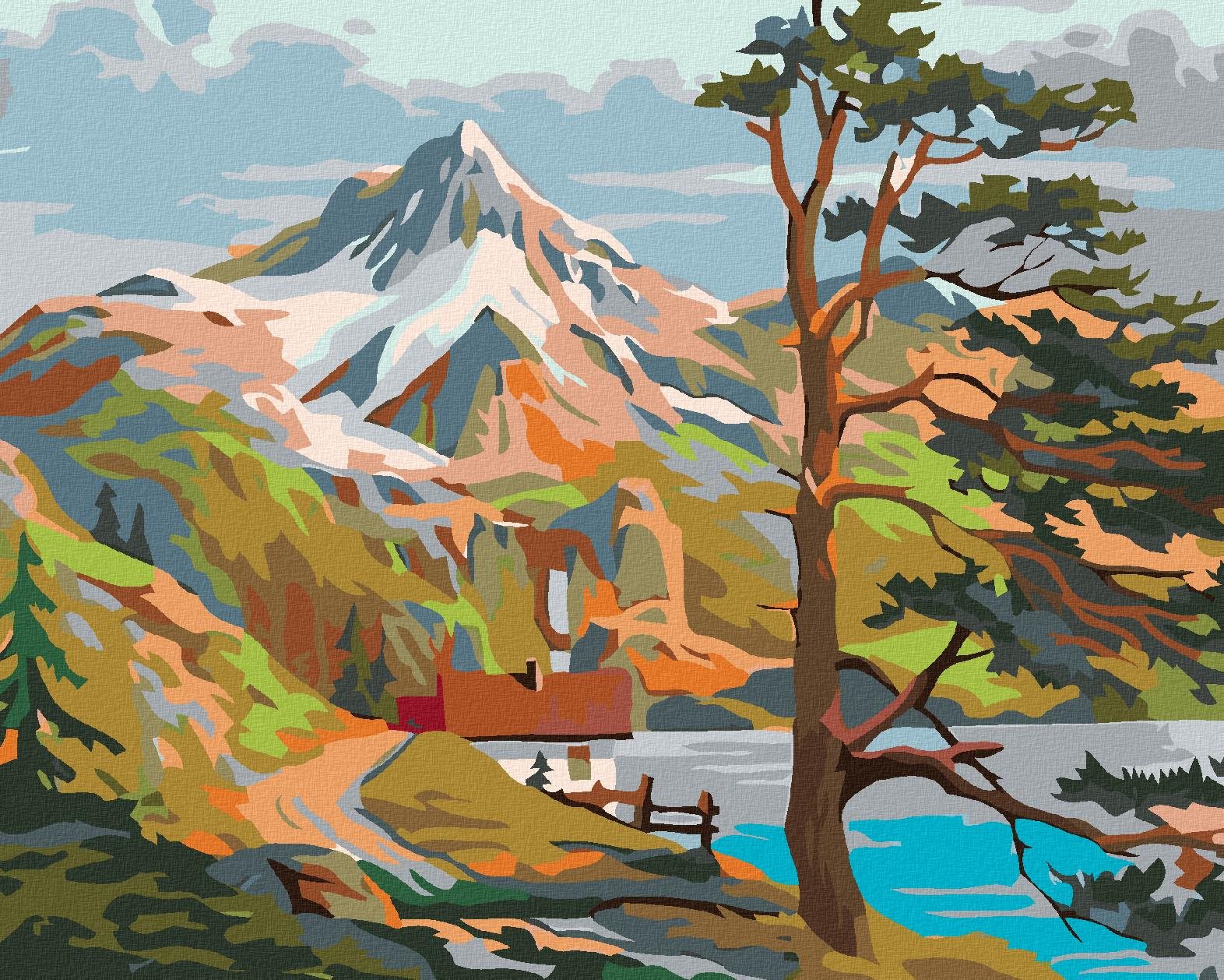 Maľovanie podľa čísel - Domček pri jazere pod horami, 100 x 80 cm, napnuté plátno na ráme