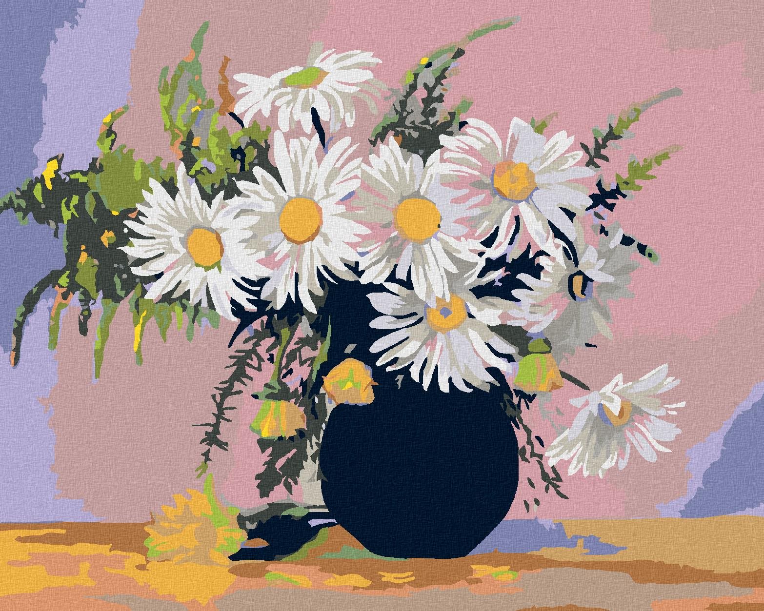 Maľovanie podľa čísel - Margaréty v čiernej váze, 100 x 80 cm, bez rámu a napnutého plátna