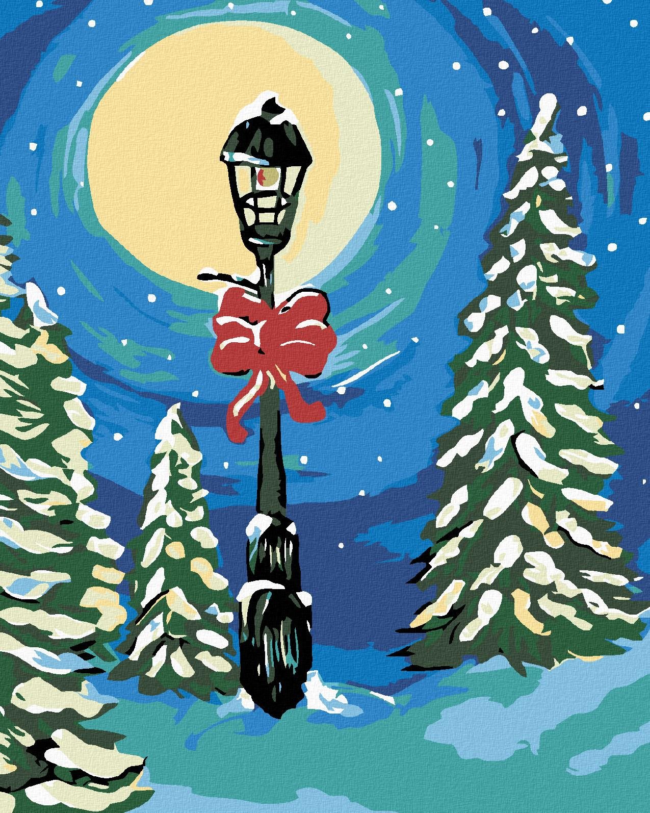 Maľovanie podľa čísel – Zasnežená lampa medzi stromami, 40 × 50 cm, bez rámu a bez napnutia plátna