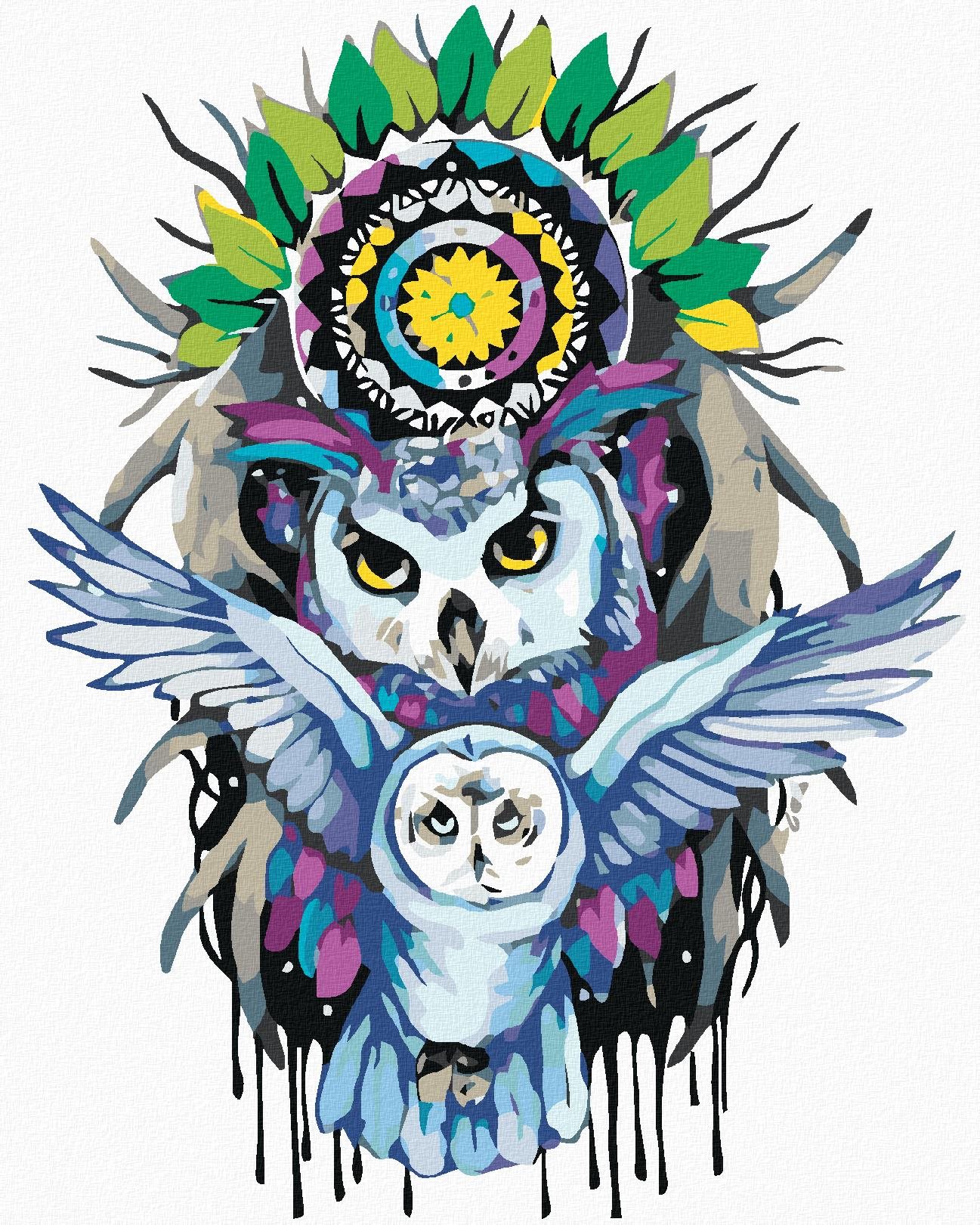 Maľovanie podľa čísel – Sovy a mandala, 40 × 50 cm, bez rámu a bez napnutia plátna