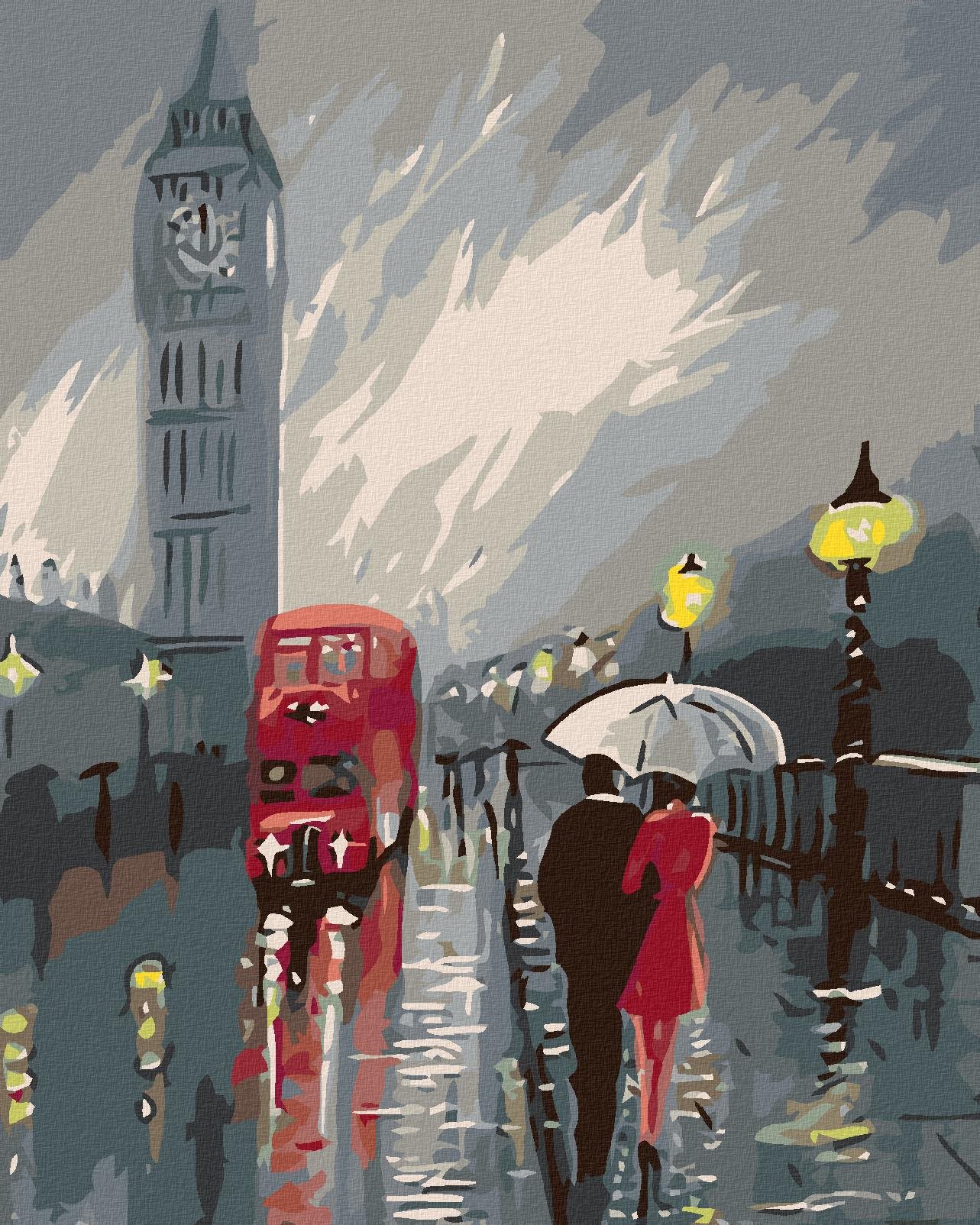 Maľovanie podľa čísel – Big Ben v daždi, 40 × 50 cm, napnuté plátno na rám
