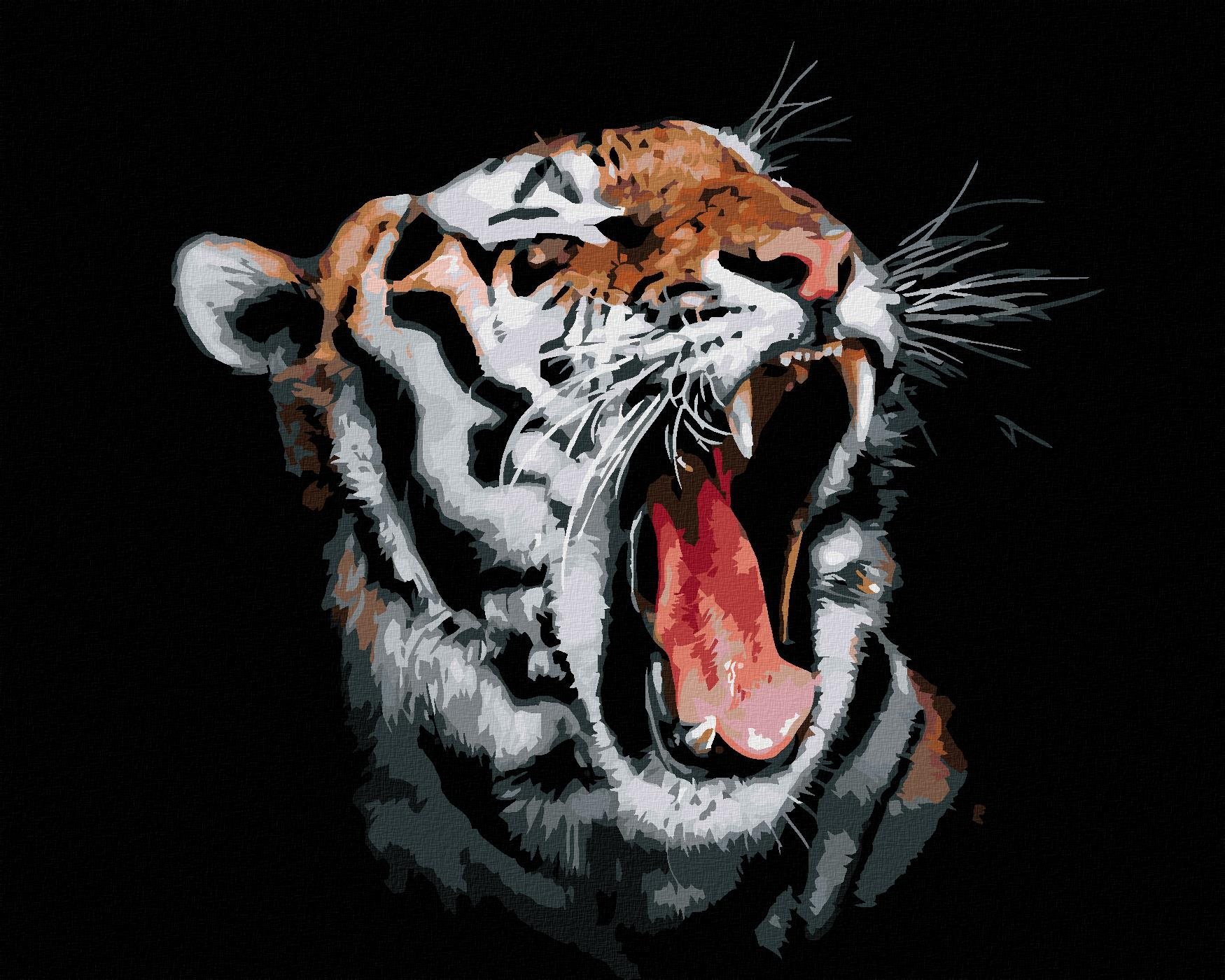 Maľovanie podľa čísel - Tiger s otvorenou tlamou, 100 x 80 cm, napnuté plátno na ráme