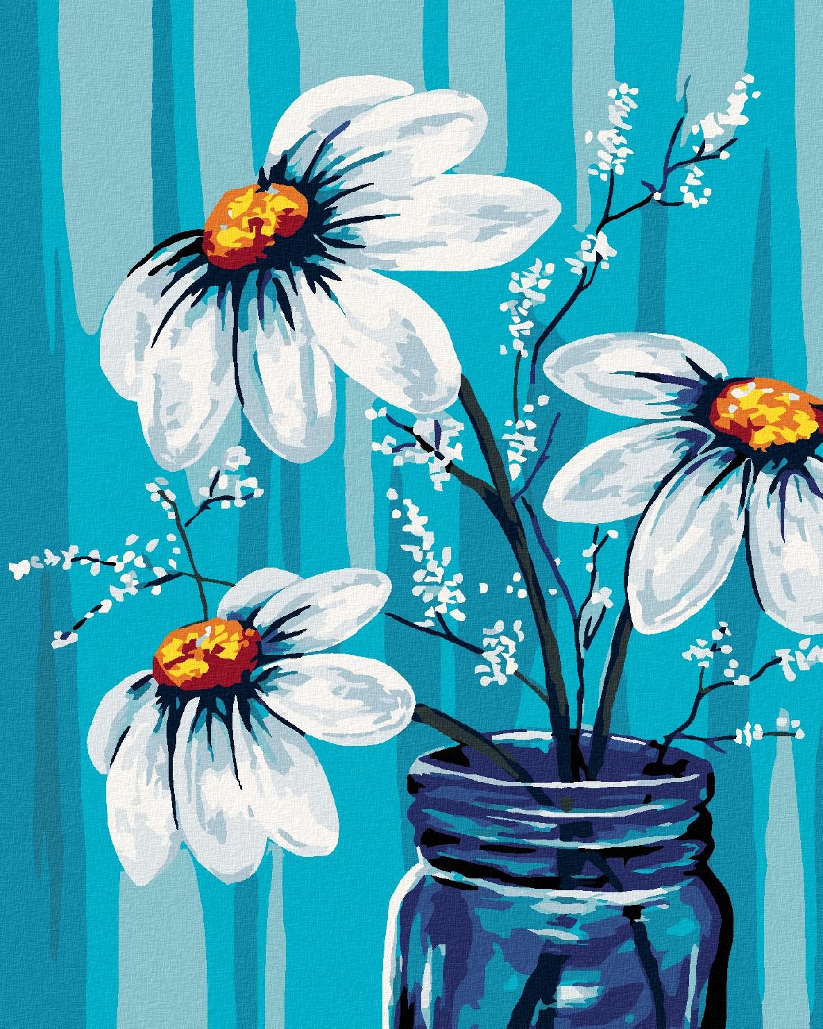 Maľovanie podľa čísel – Margaréty v pohári, 40 × 50 cm, napnuté plátno na rám