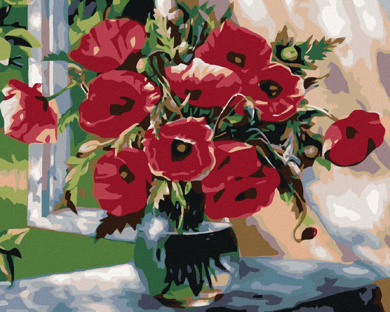 Maľovanie podľa čísel – Vlčie maky v sklenenej váze, 50 × 40 cm, napnuté plátno na rám