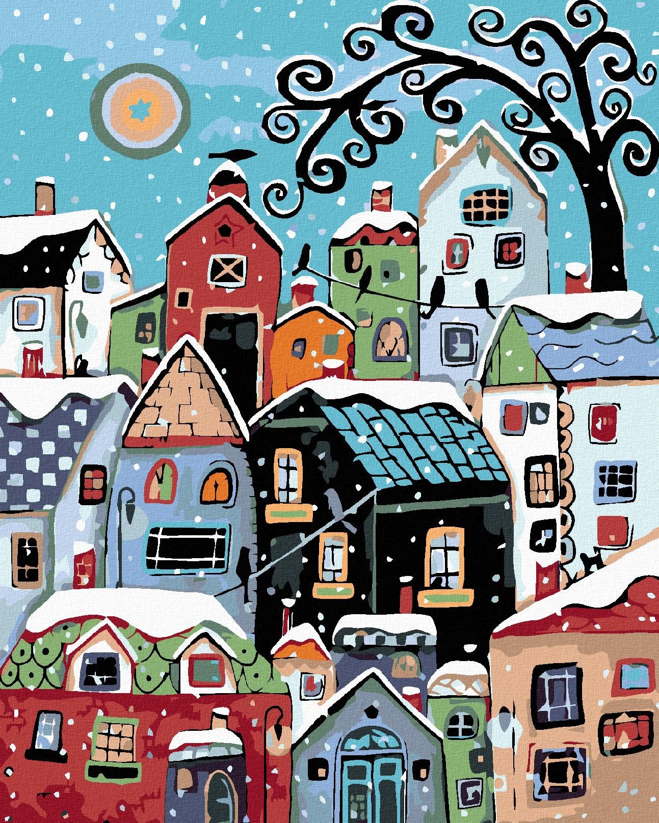 Maľovanie podľa čísel – Farebné domčeky v zime, 40 × 50 cm, bez rámu a bez napnutia plátna