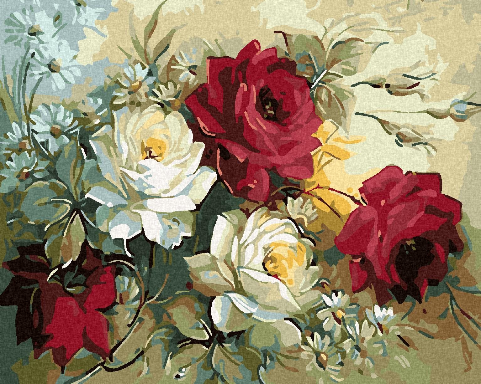 Maľovanie podľa čísel – Kytica maľovaných ruží, 50 × 40 cm, napnuté plátno na rám