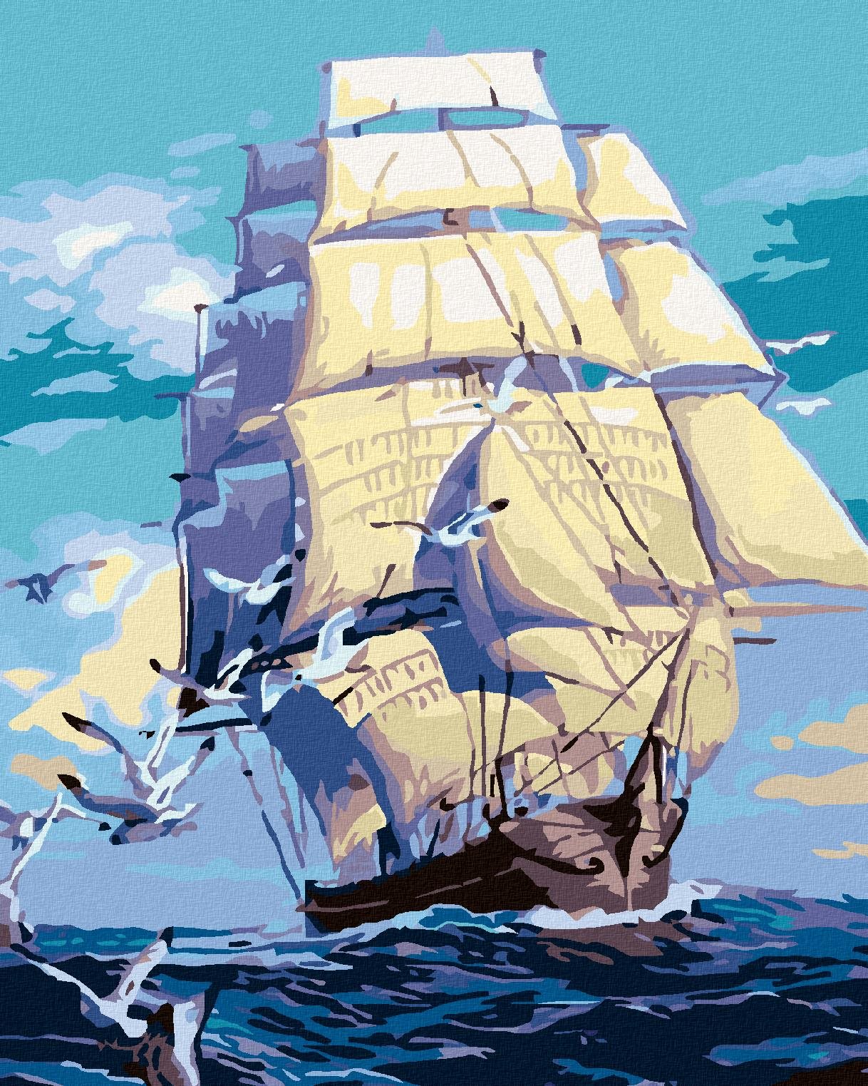 Maľovanie podľa čísel - Koráb a čajky na mori, 80 x 100 cm, bez rámu a napnutého plátna