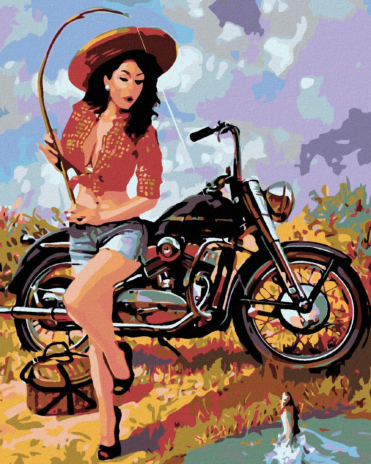 Maľovanie podľa čísel - Rybárka s motorkou, 40 x 50 cm, bez rámu a napnutého plátna
