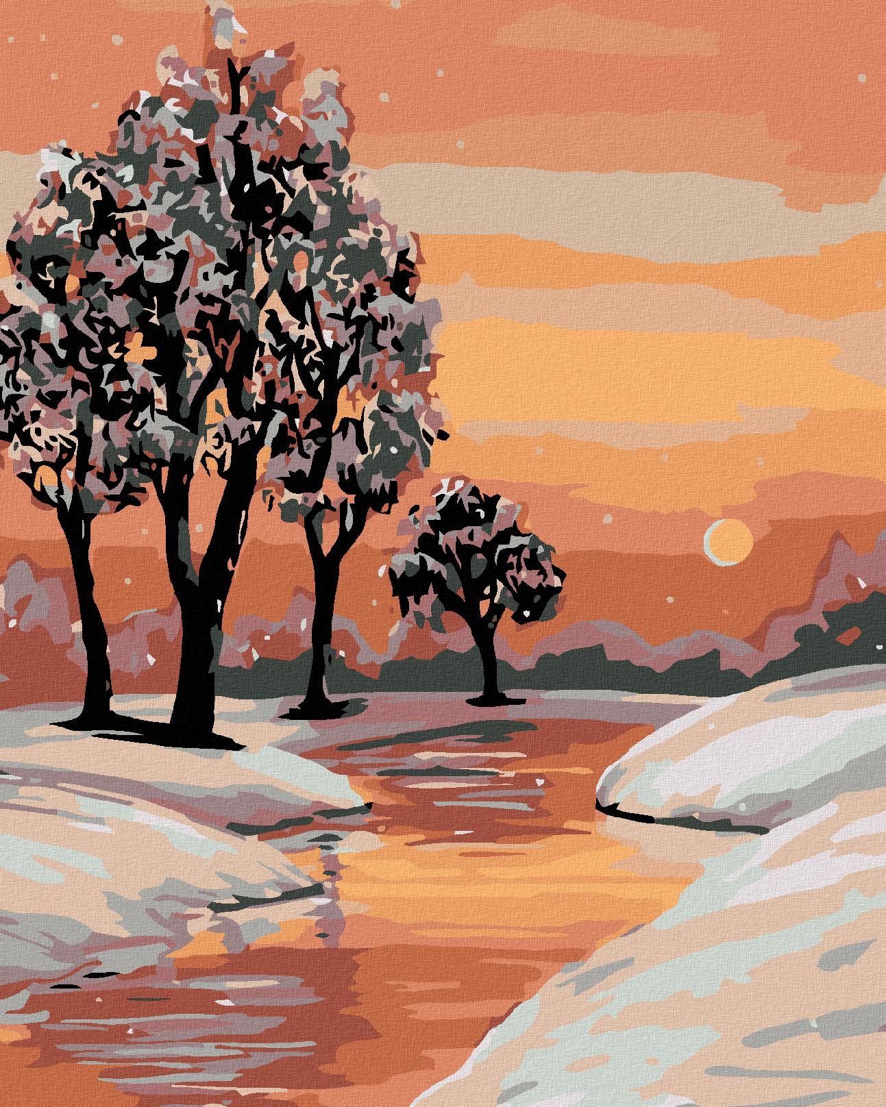 Maľovanie podľa čísel - Potok a zimná krajina, 40 x 50 cm, napnuté plátno na ráme