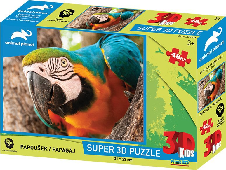 Prime 3D Puzzle s 3D efektom 48 dielikov Animal Planet: Papagáj