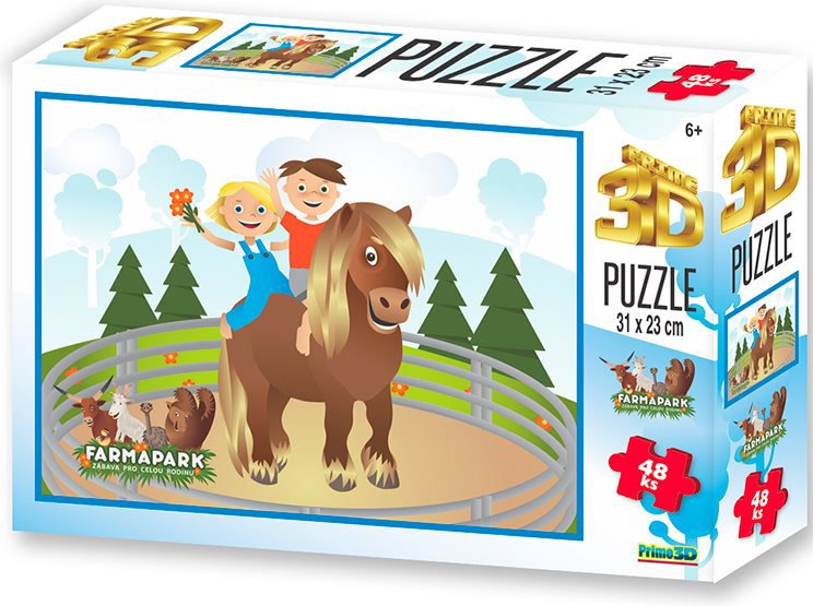 Prime 3D Puzzle s 3D efektom 48 dielikov Farmapark: Deti s koníkom