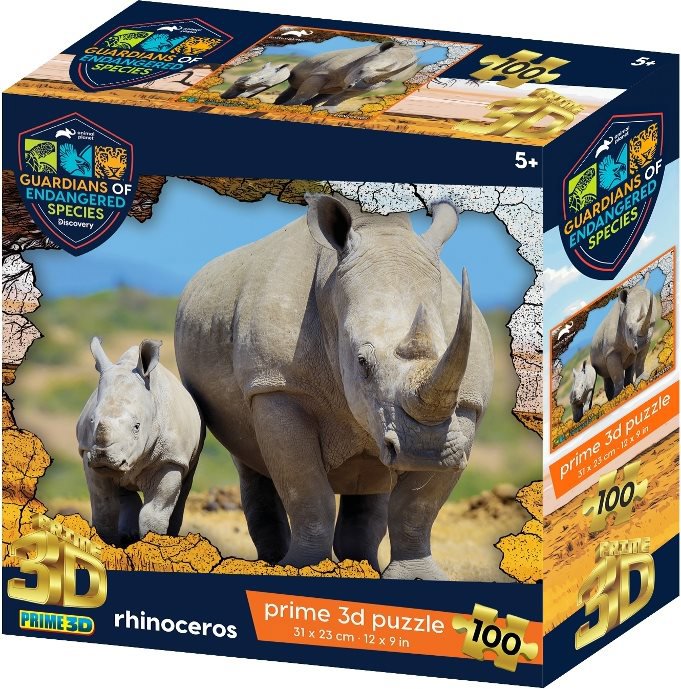 Prime 3D Puzzle s 3D efektom 100 dielikov Animal Planet Ohrozené druhy: Nosorožce