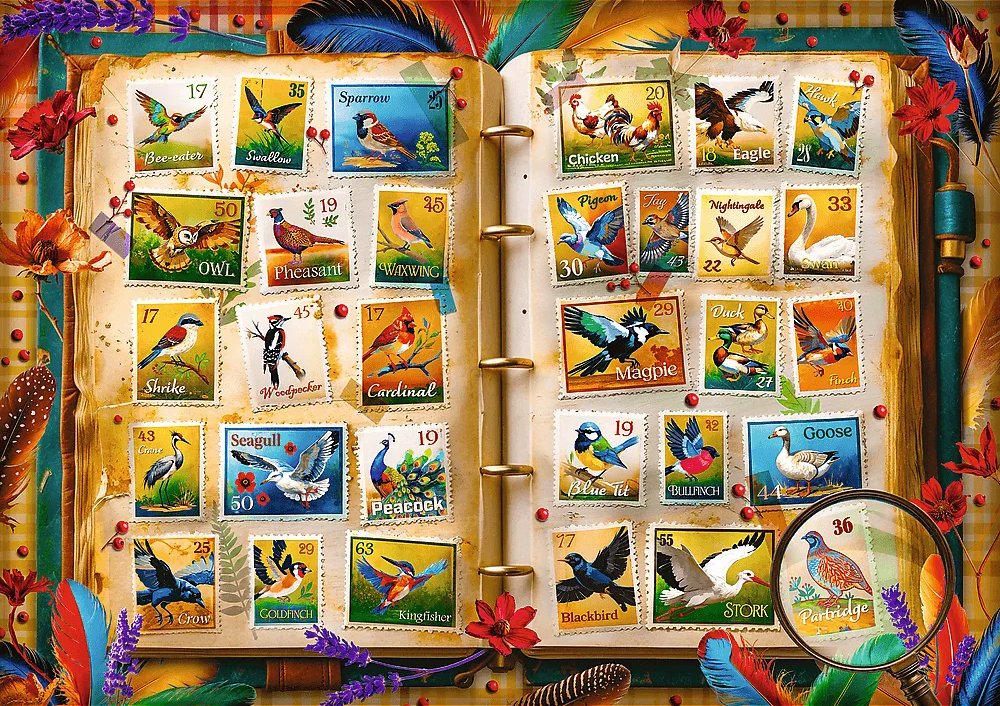 TREFL Puzzle Sbírka známek - Atlas ptáků 1000 dílků