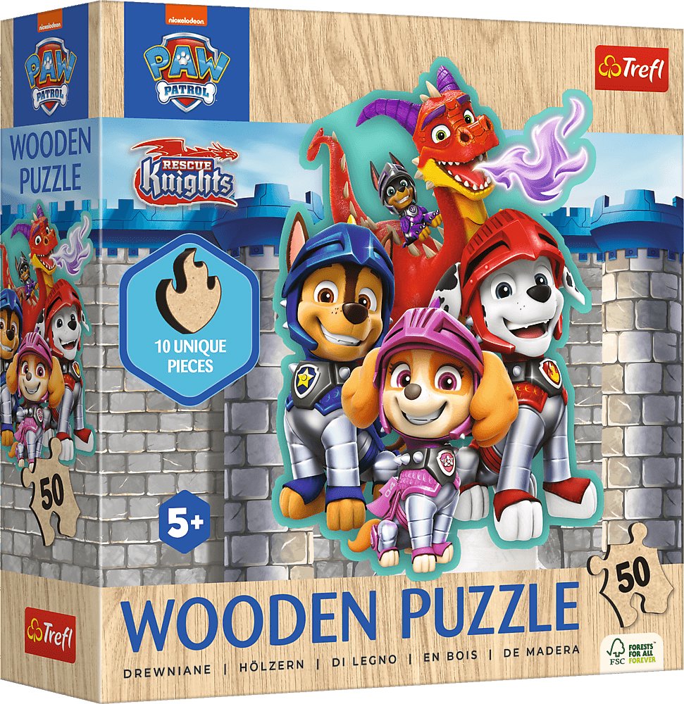 Trefl Drevené puzzle obrysové Labková patrola: Rescue Knights 50 dielikov