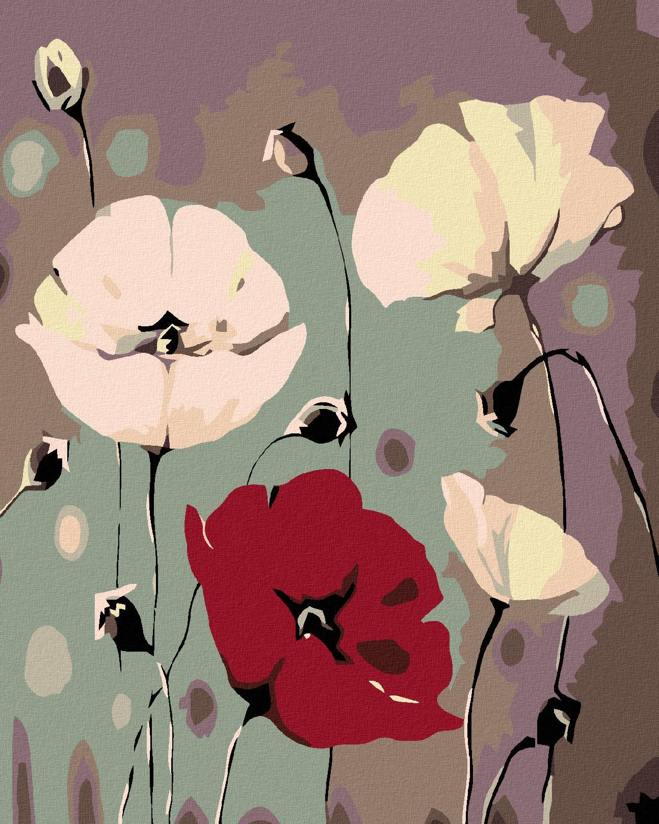 Diamondi – BIELE VLČIE MAKY S JEDNÝM ČERVENÝM, 40 × 50 cm, bez rámu a bez napnutia plátna