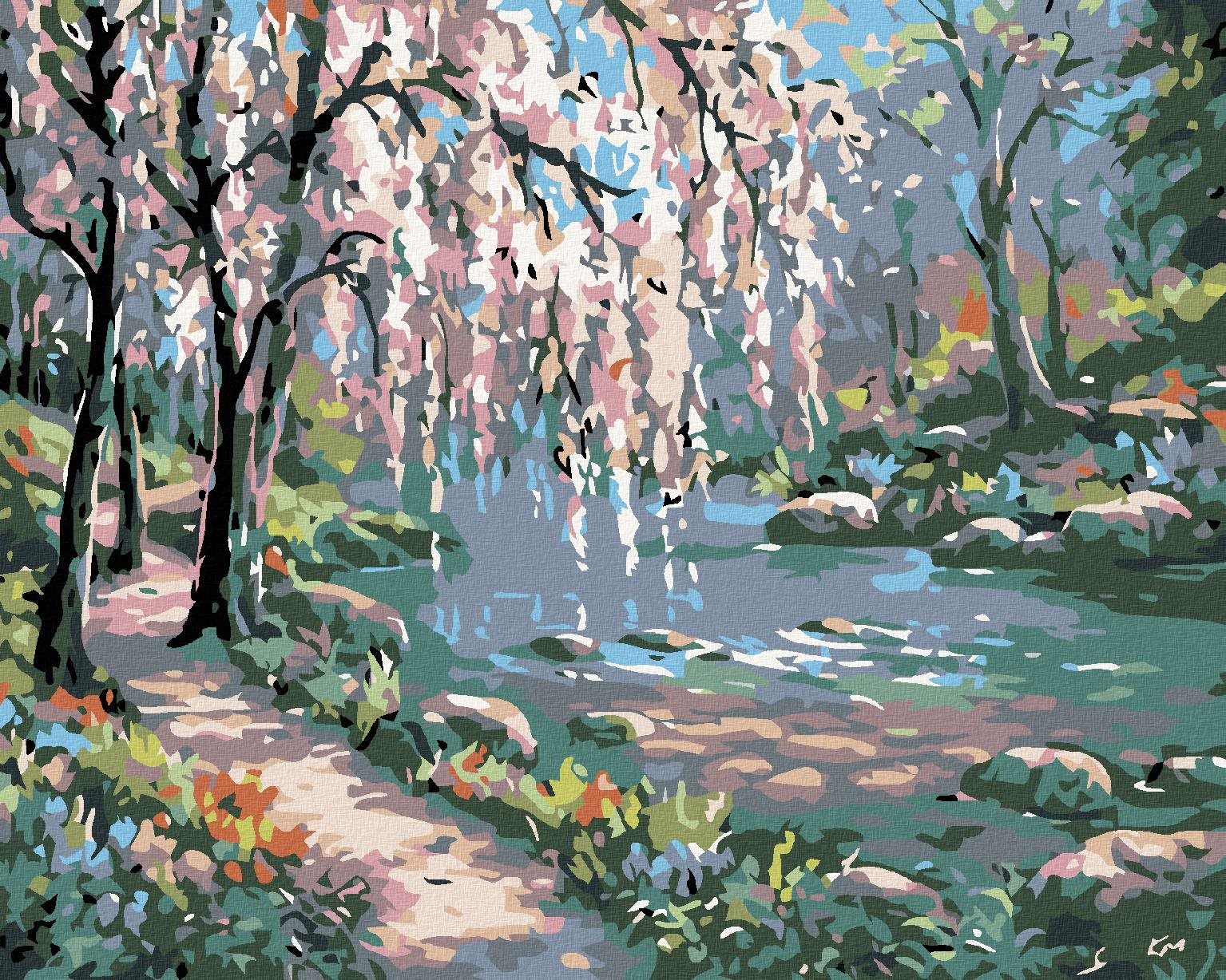 Diamondi – RUŽOVÝ STROM NAD RIEKOU, 40 × 50 cm, napnuté plátno na rám