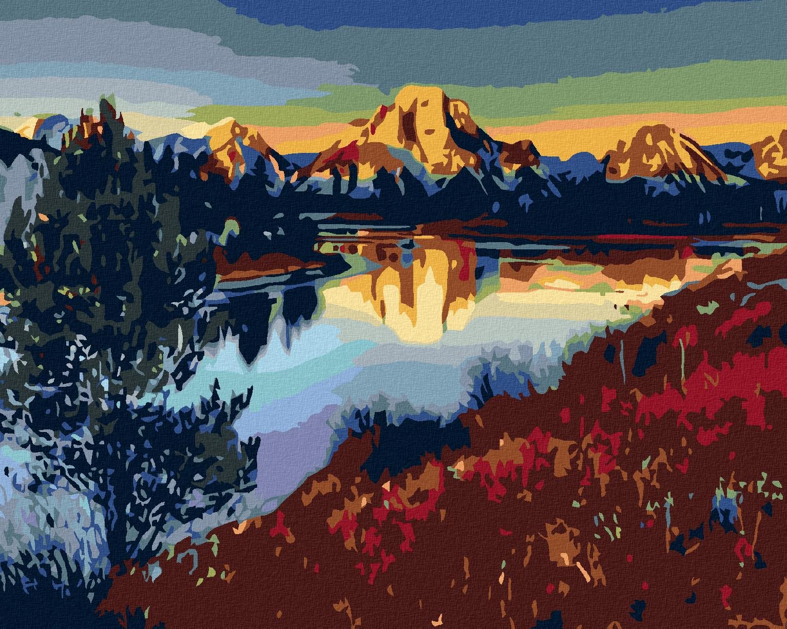 Diamondi – JAZERO POD HORAMI, 40 × 50 cm, plátno napnuté na rám