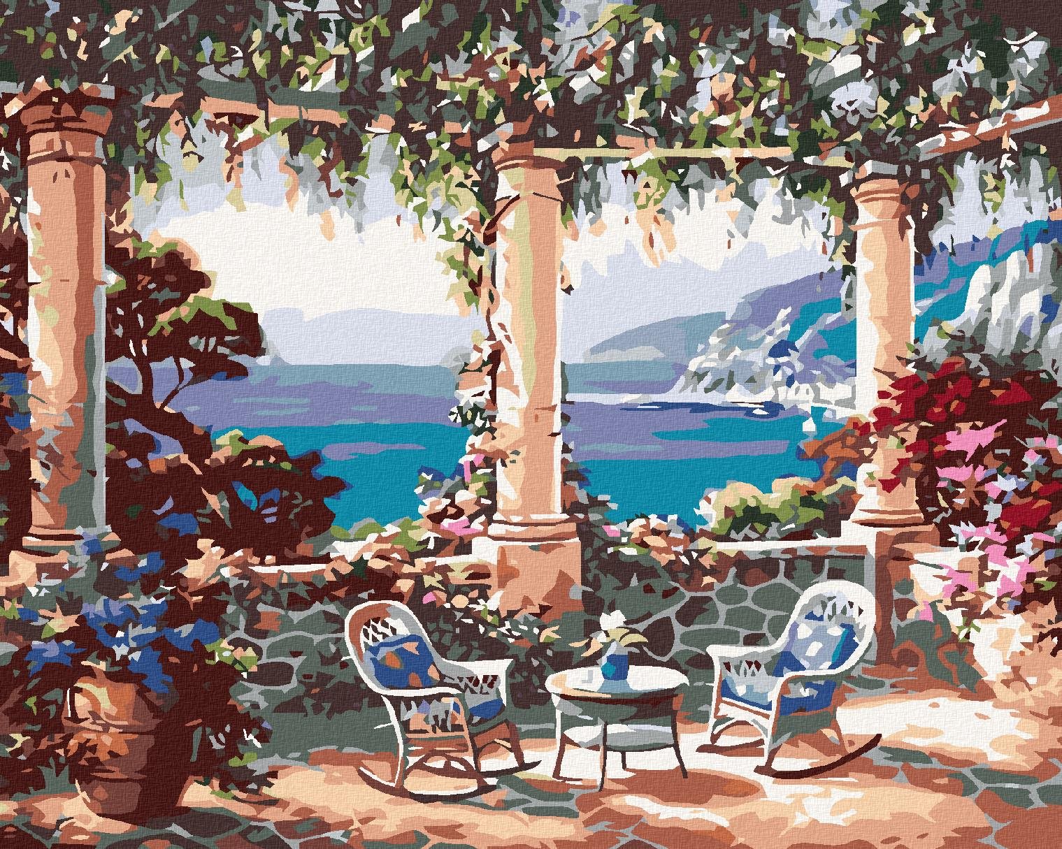 Diamondi – Diamantové maľovanie – POSEDENIE S VÝHĽADOM NA MORE, 40 × 50 cm, vypnuté plátno na rám