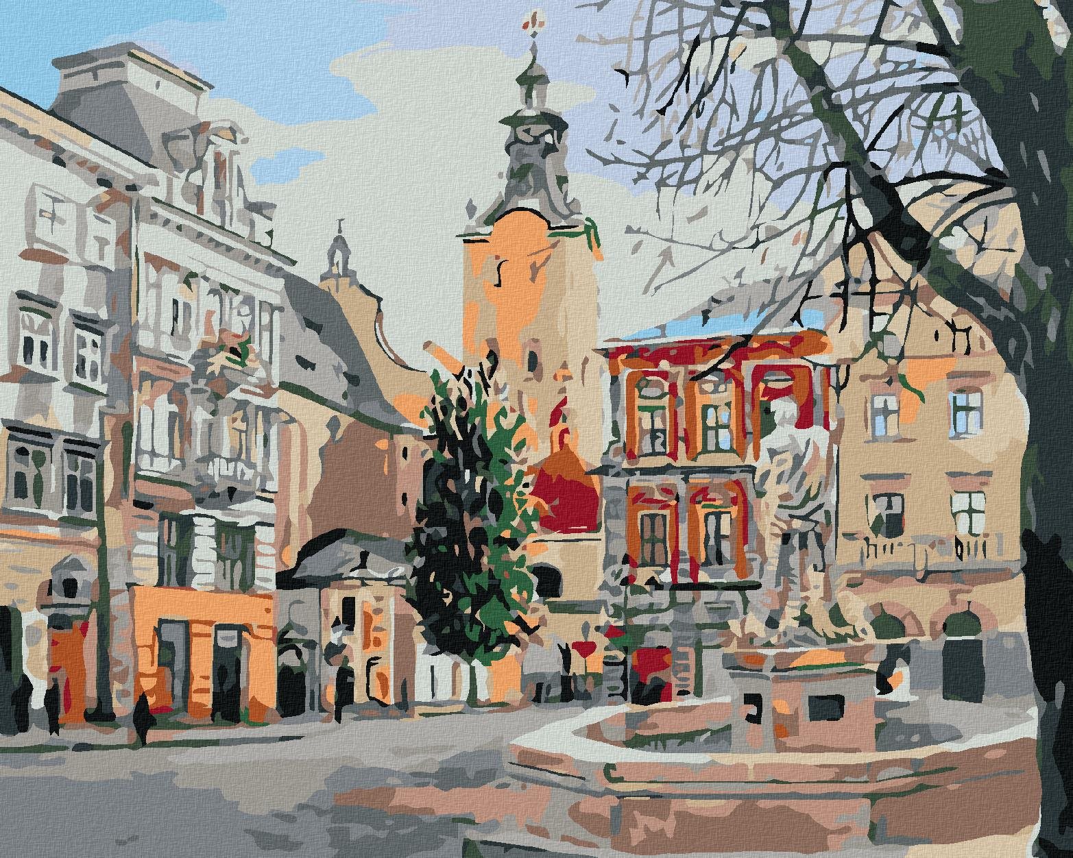 Diamondi – Diamantové maľovanie – FONTÁNA NA NÁMESTÍ, 40 × 50 cm, napnuté plátno na rám