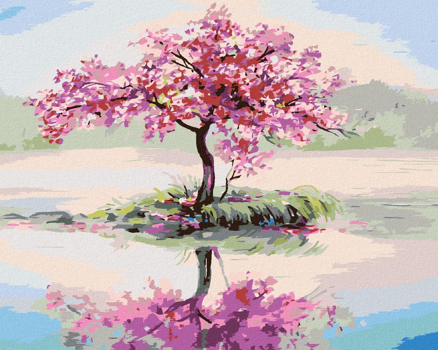 Diamondi – Diamantové maľovanie – ROZKVITNUTÁ SAKURA PRI JAZERE, 40 × 50 cm, bez rámu a bez vypnutia plátna