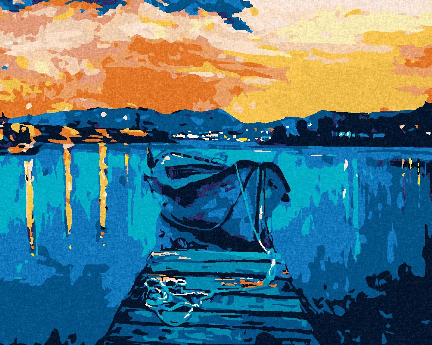 Diamondi – Diamantové maľovanie – MÓLO S LOĎKOU NA MORI, 40 × 50 cm, vypnuté plátno na rám