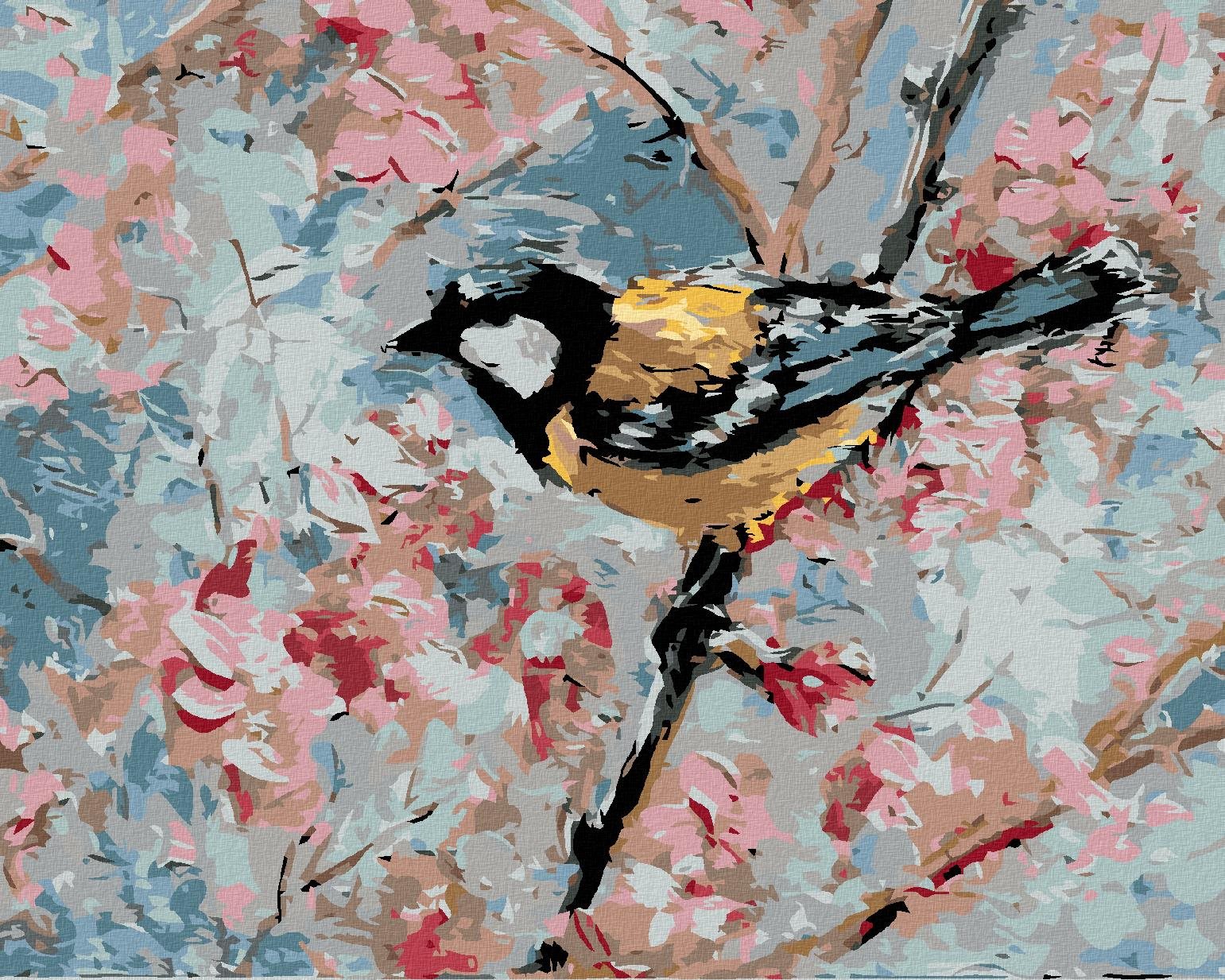 Diamondi – Diamantové maľovanie – VTÁČIK A RUŽOVÉ KVETINY, 40 × 50 cm, bez rámu a bez vypnutia plátna