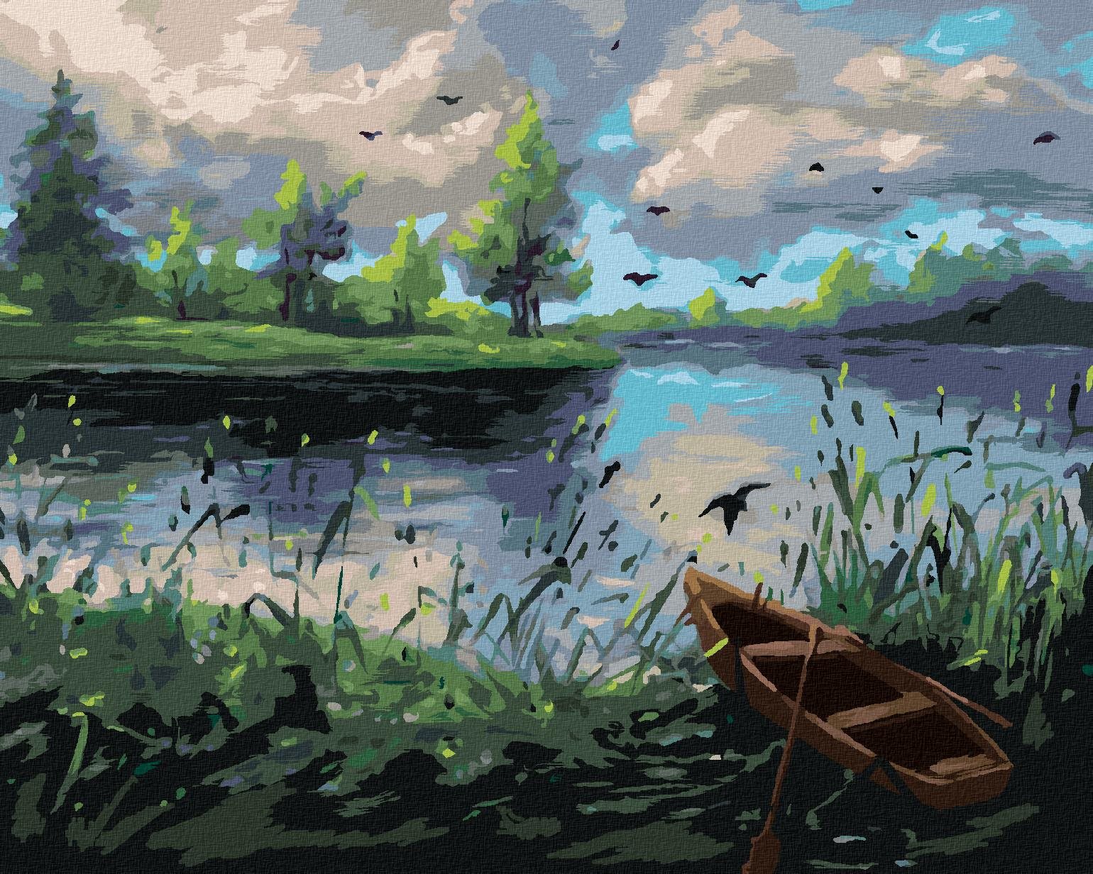 Diamondi – Diamantové maľovanie – LESNÁ KRAJINA S LOĎKOU, 40 × 50 cm, bez rámu a bez vypnutia plátna