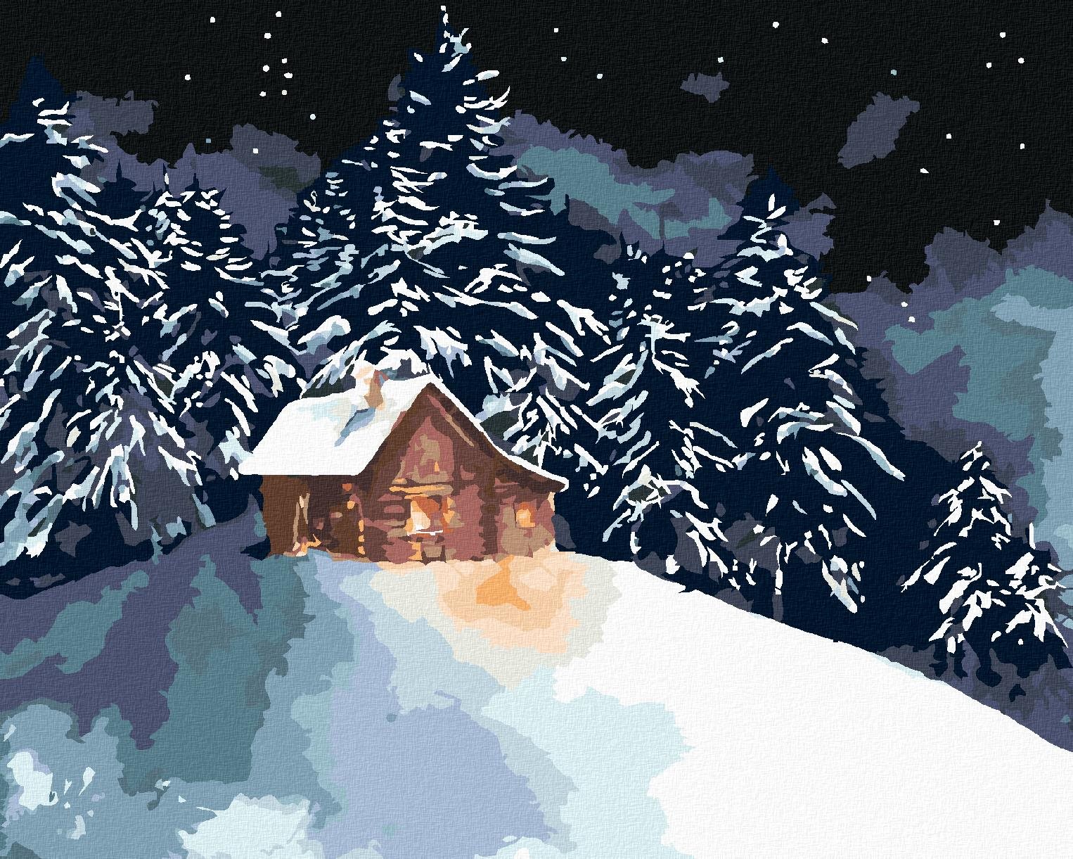 Diamondi – Diamantové maľovanie – LESNÝ ZRUB NA ZASNEŽENOM KOPČEKU, 40 × 50 cm, vypnuté plátno na rám