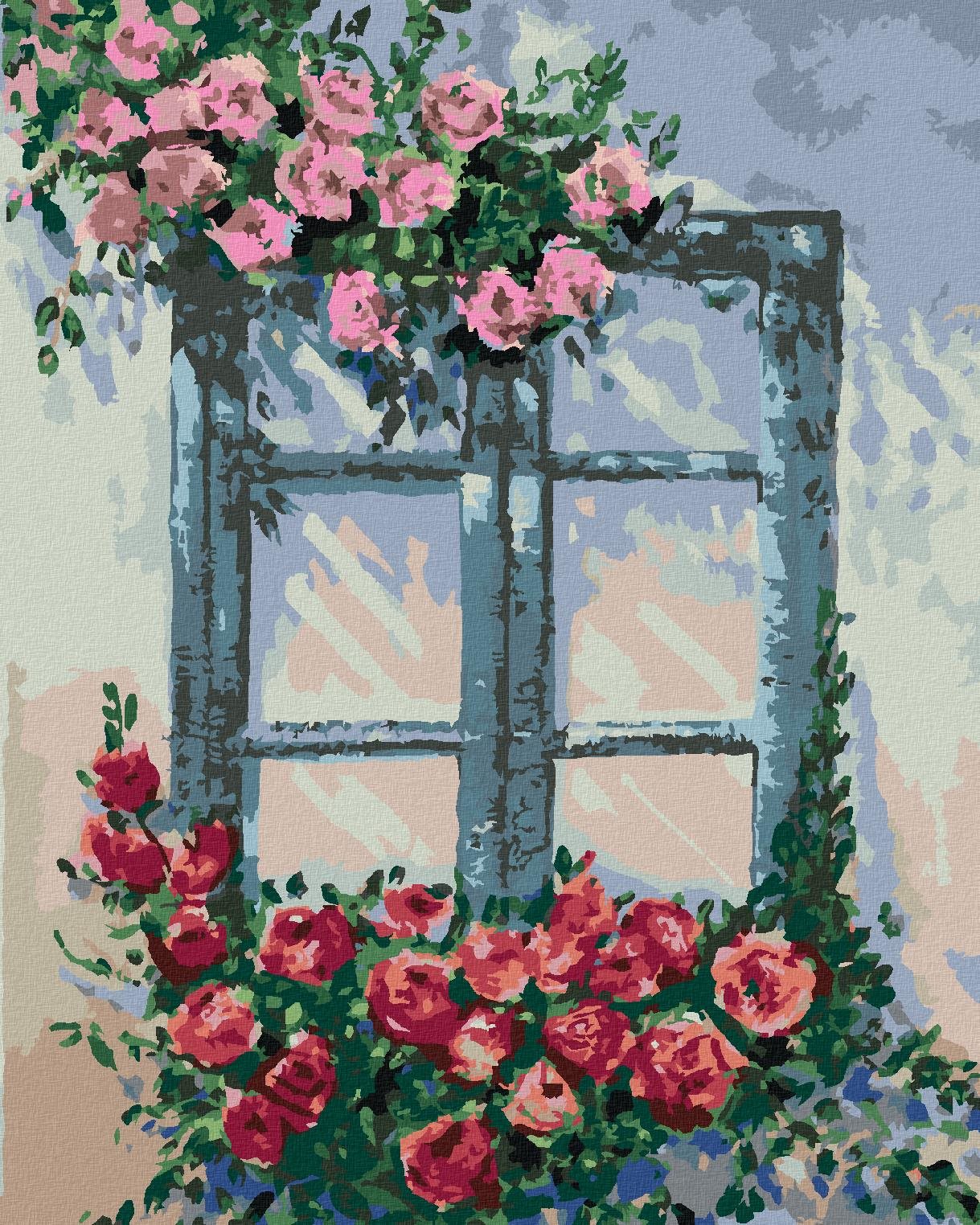 Diamondi – Diamantové maľovanie – RUŽE PRI OKNE, 40 × 50 cm, vypnuté plátno na rám