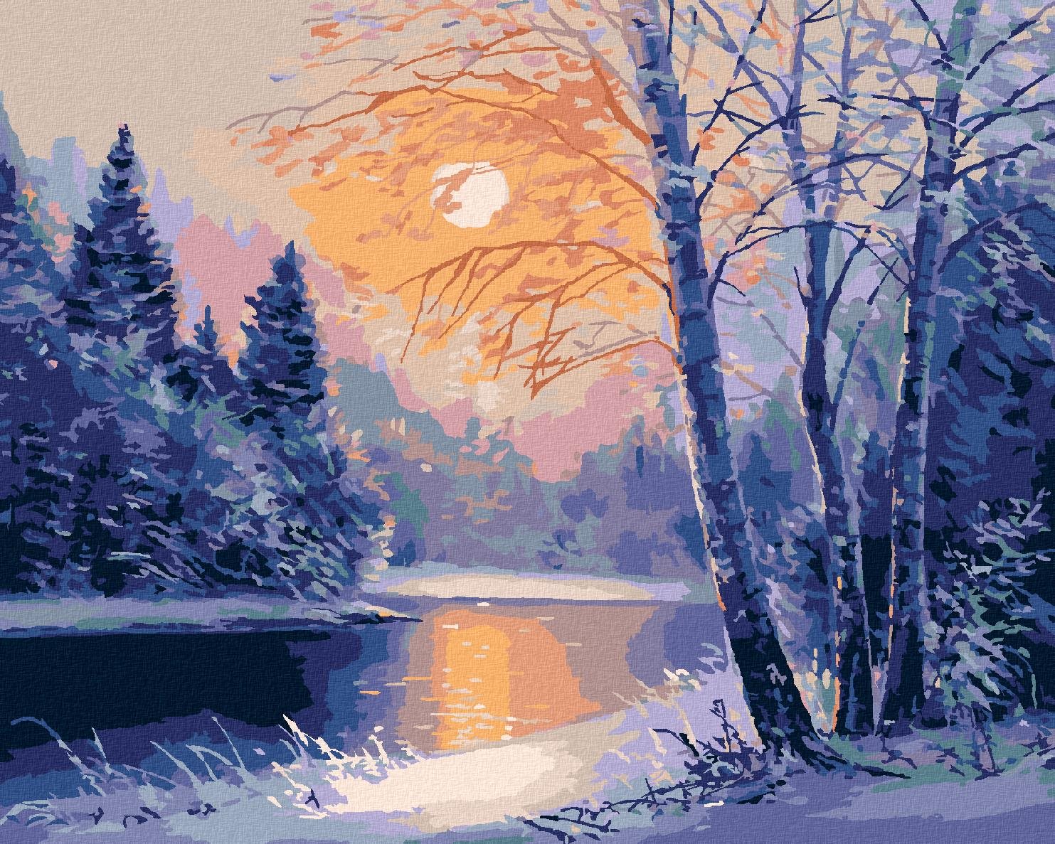 Diamondi – Diamantové maľovanie – ZIMNÁ RIEKA A HOLÉ STROMY, 40 × 50 cm, vypnuté plátno na rám