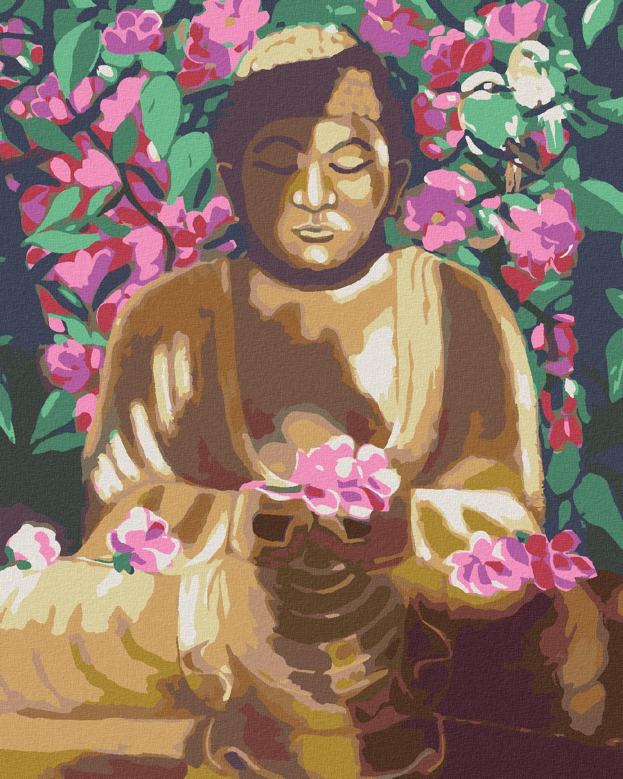 Diamondi – Diamantové maľovanie – BUDDHA OBKLOPENÝ KVETINAMI, 40 × 50 cm, vypnuté plátno na rám